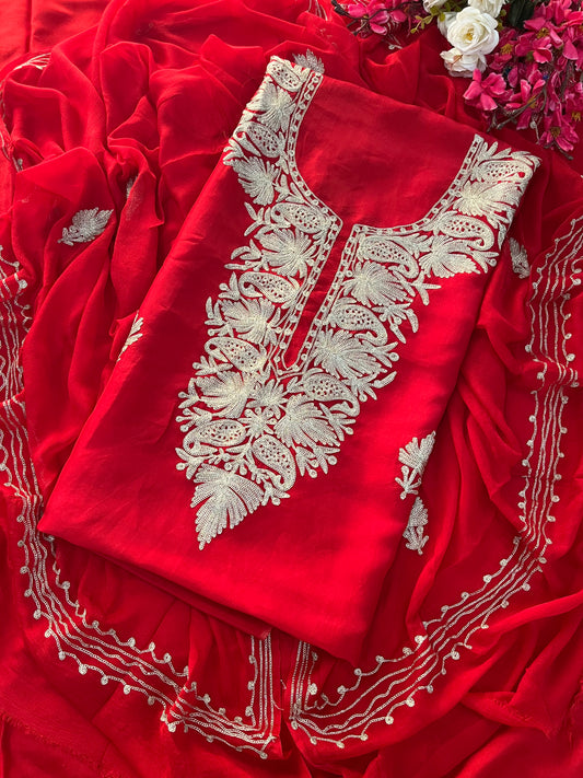Red Silk Tilla Kashmiri Suit