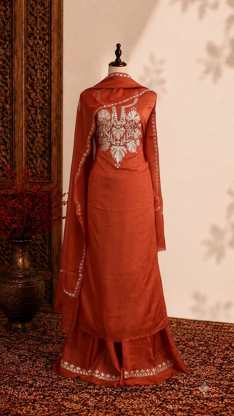 Sweet Orange Silk Tilla Kashmiri Suit