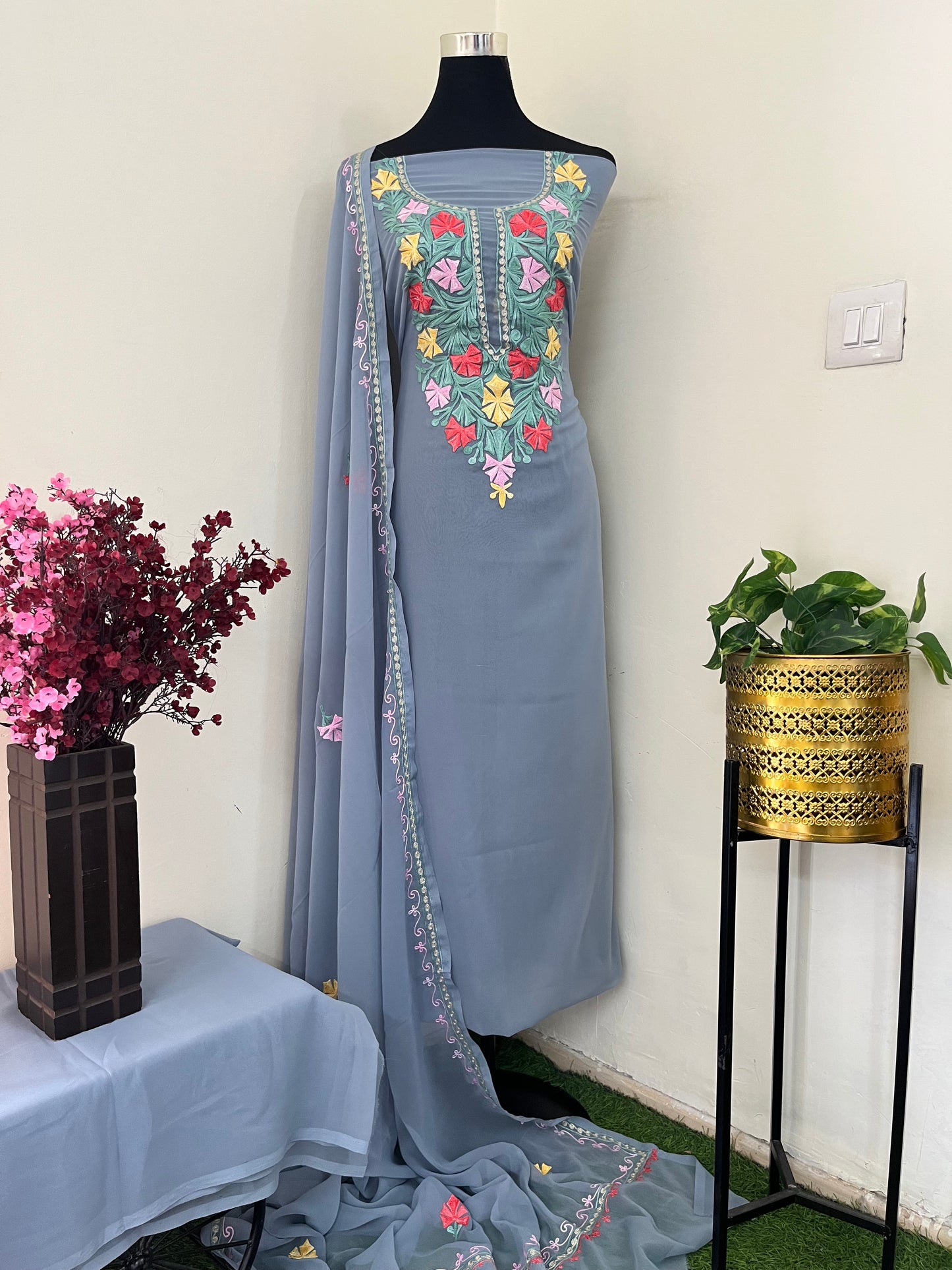 Steel Grey Georgette 3 Pc Aari Embroidered Suit Set