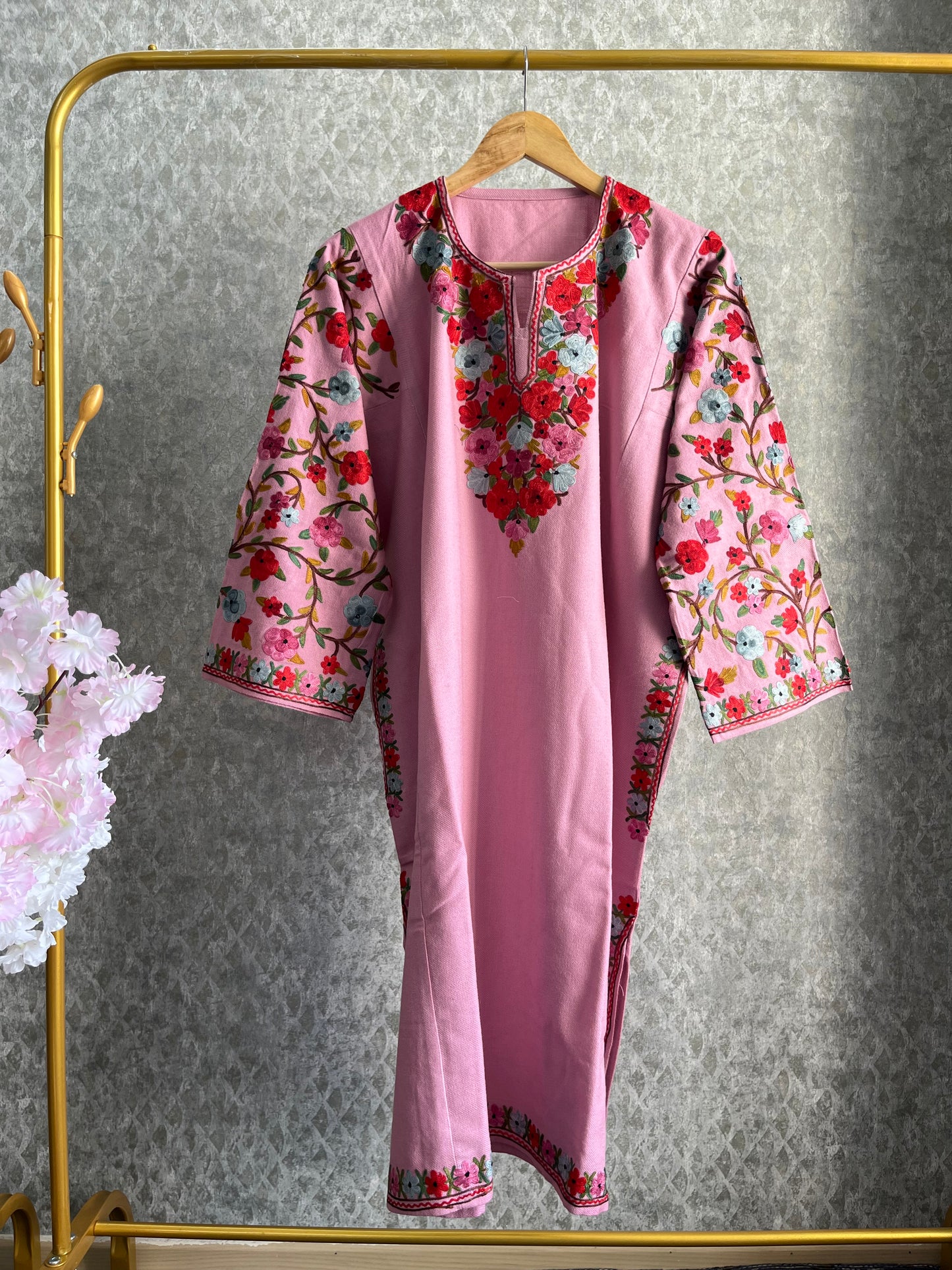 Pink Aari Embroidered Wool Pheran