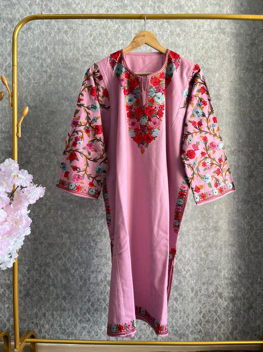 Pink Aari Embroidered Wool Pheran