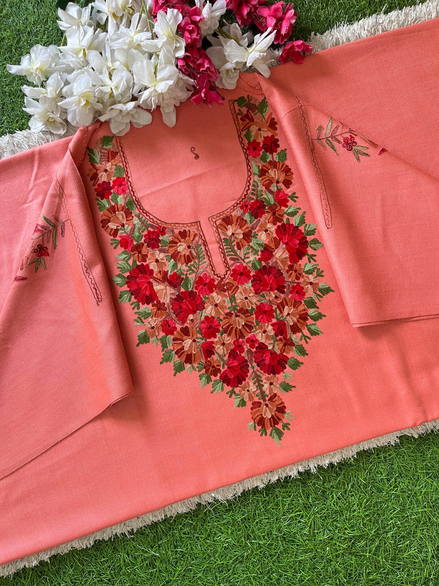 Rose Pink Woollen Aari Embroidered 2pc suit 5mtr