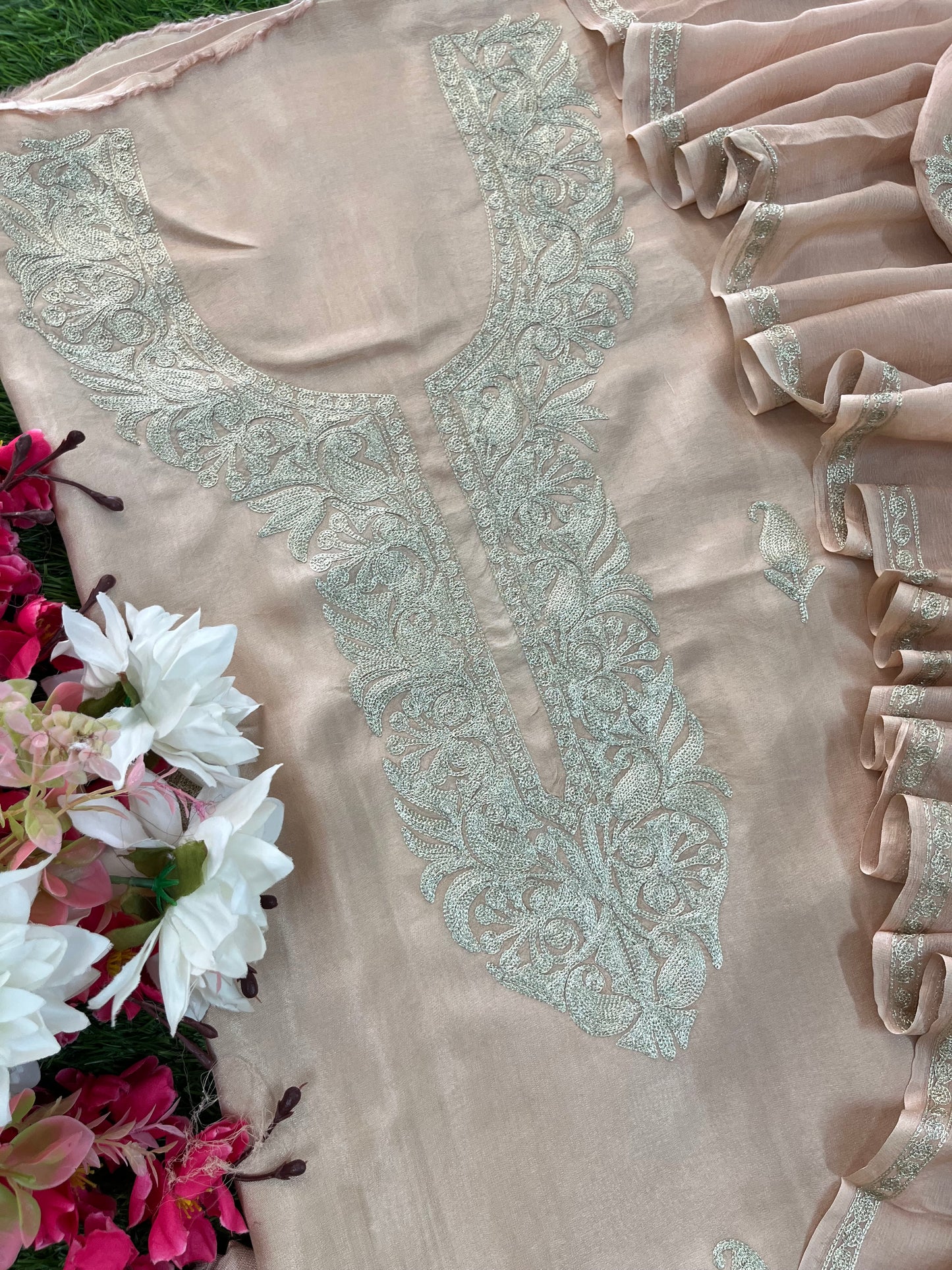Peach Pink Sanam’ Silk Tilla Kashmiri Suit