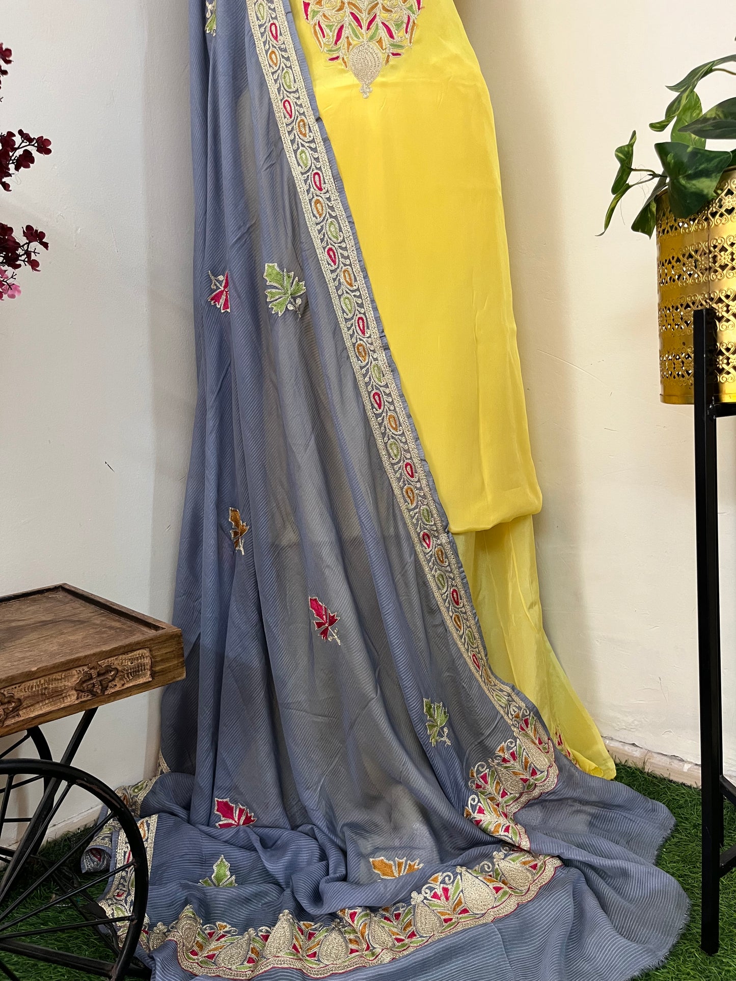 ‘Kalaa’ Lemon Yellow Crape Kashmiri Suit