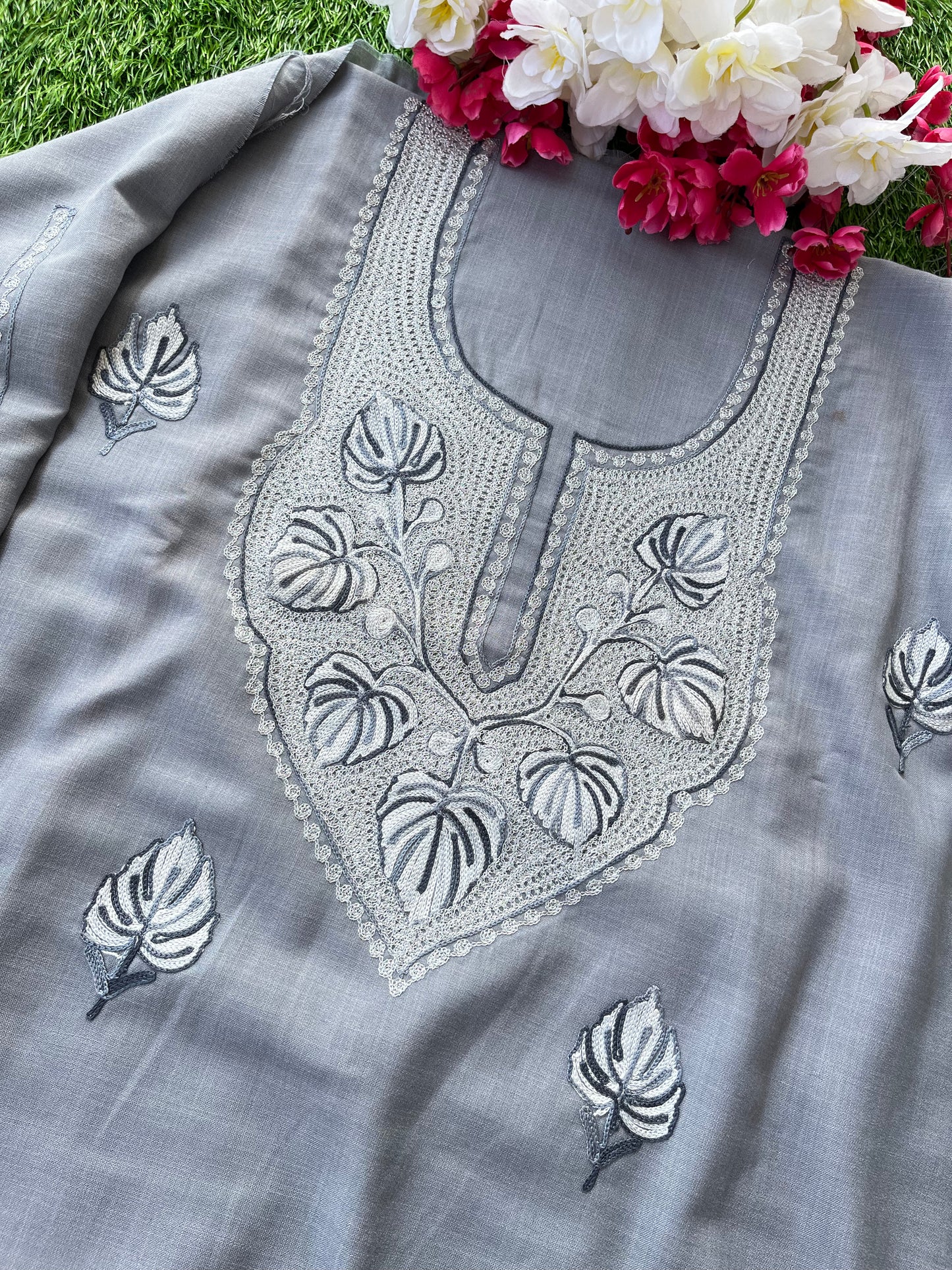 Grey Cotton Unstitched Aari Work Kurti