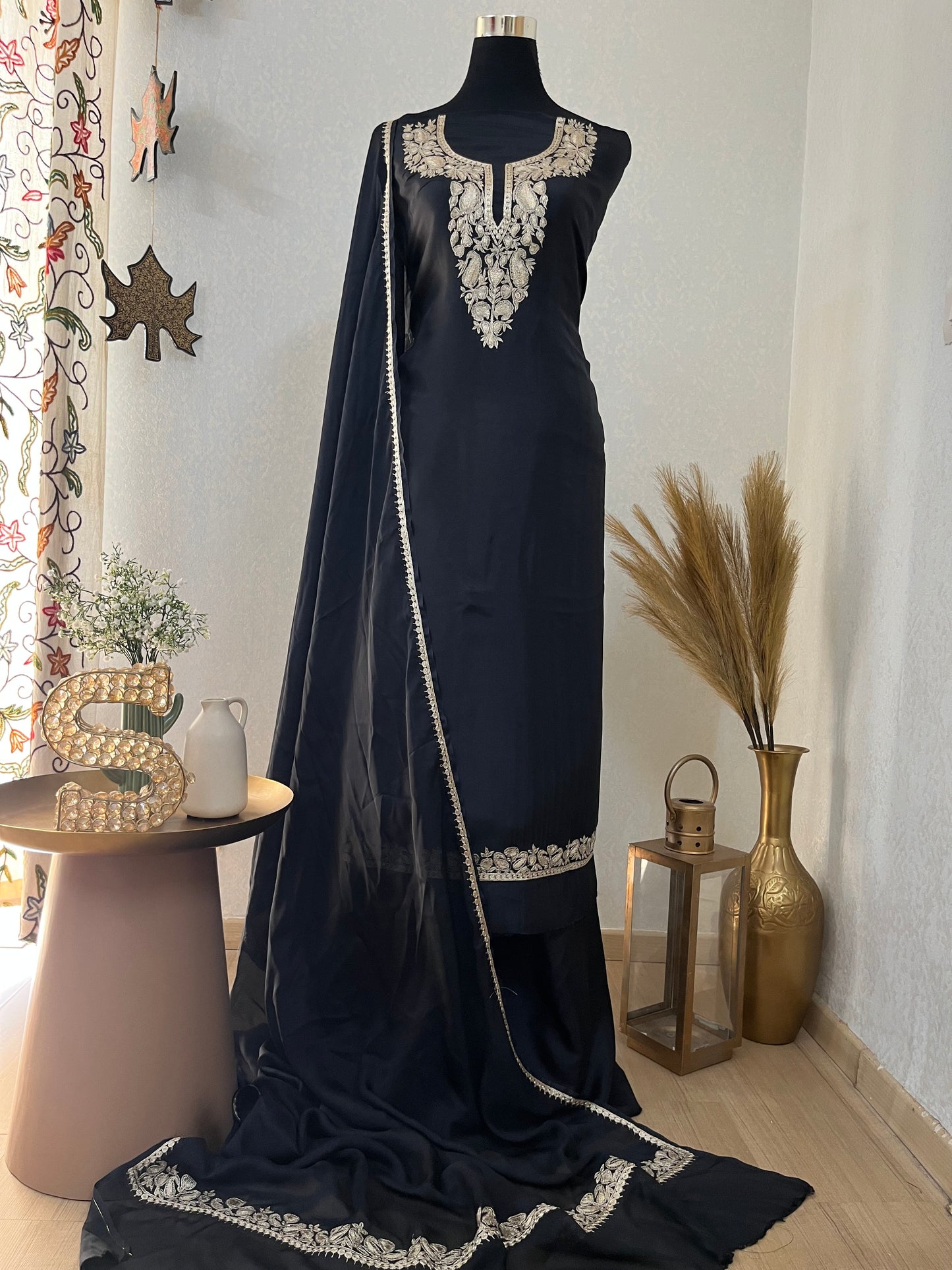 Black Silk Puff Tilla Embroidered Kashmiri Suit