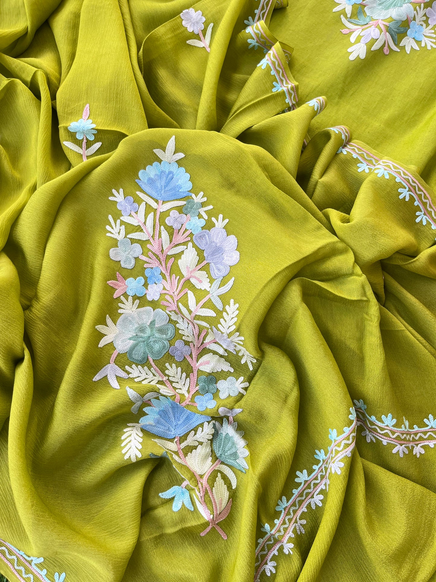Pear Green Linen Cotton suit material with Pure Chinon Dupatta