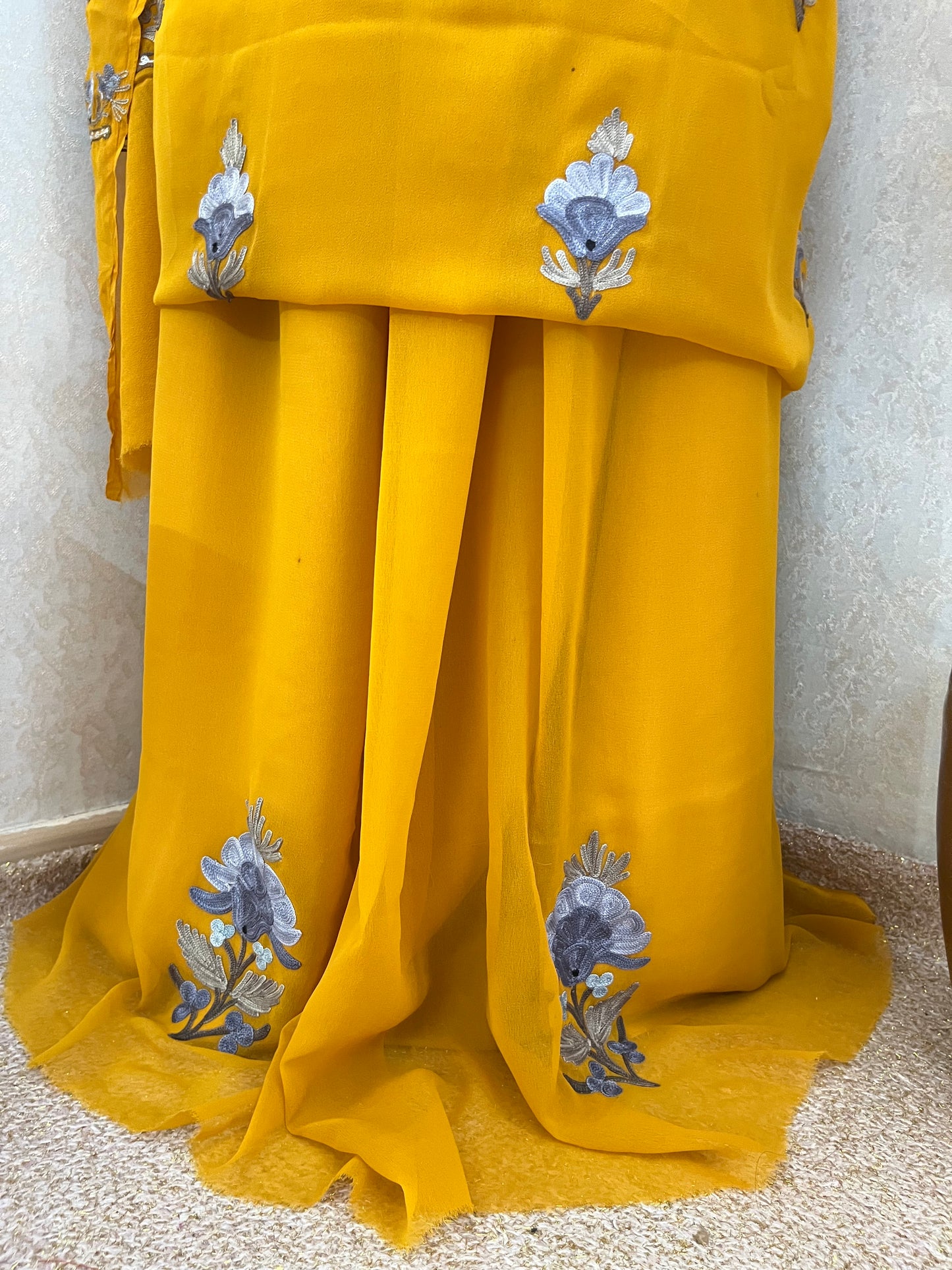Mustard Yellow Georgette 3Pc Kashmiri Suit
