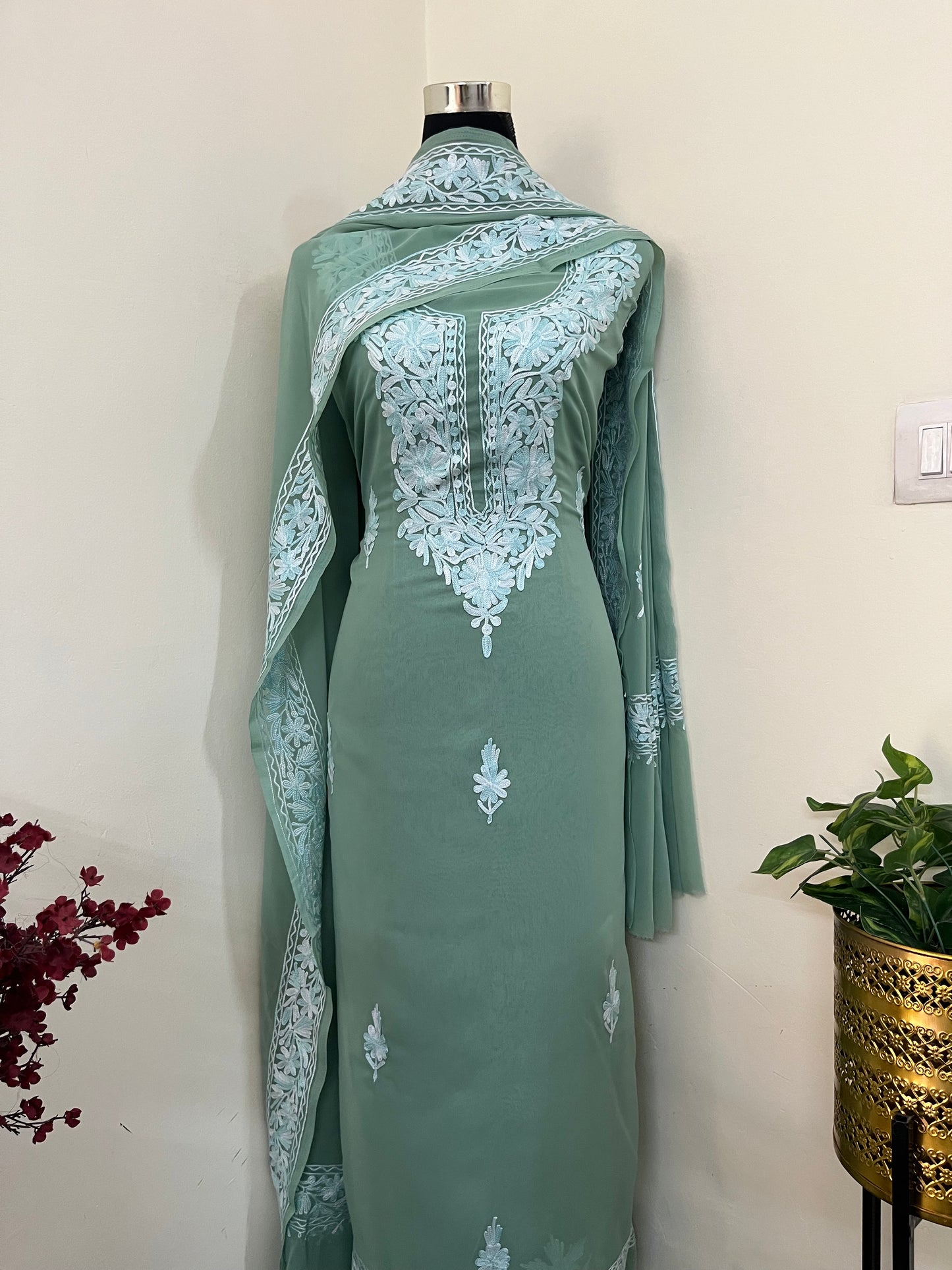 Tea Green Georgette Kashmiri Suit