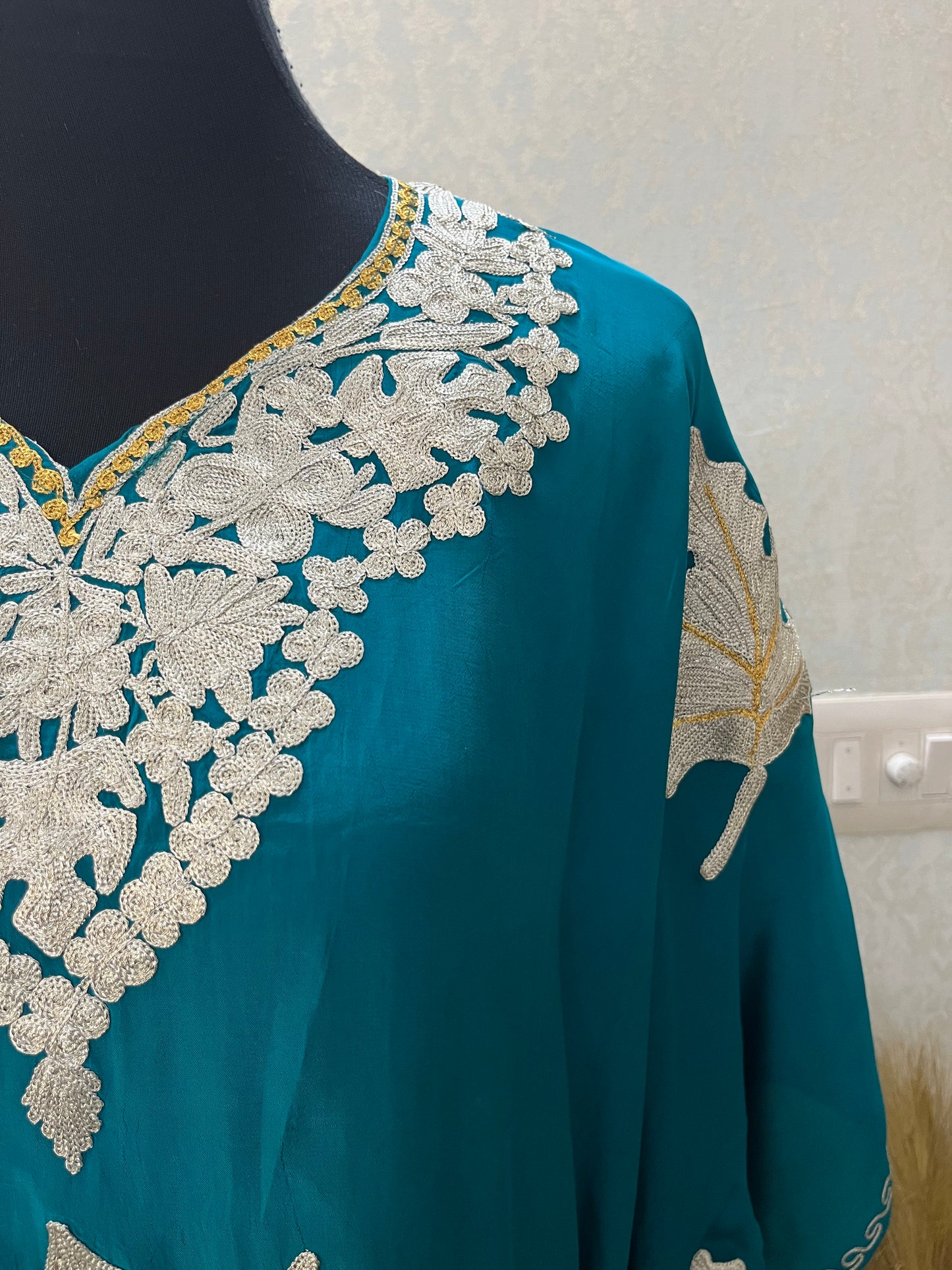 Firozi Crape Kashmiri Kaftan Set
