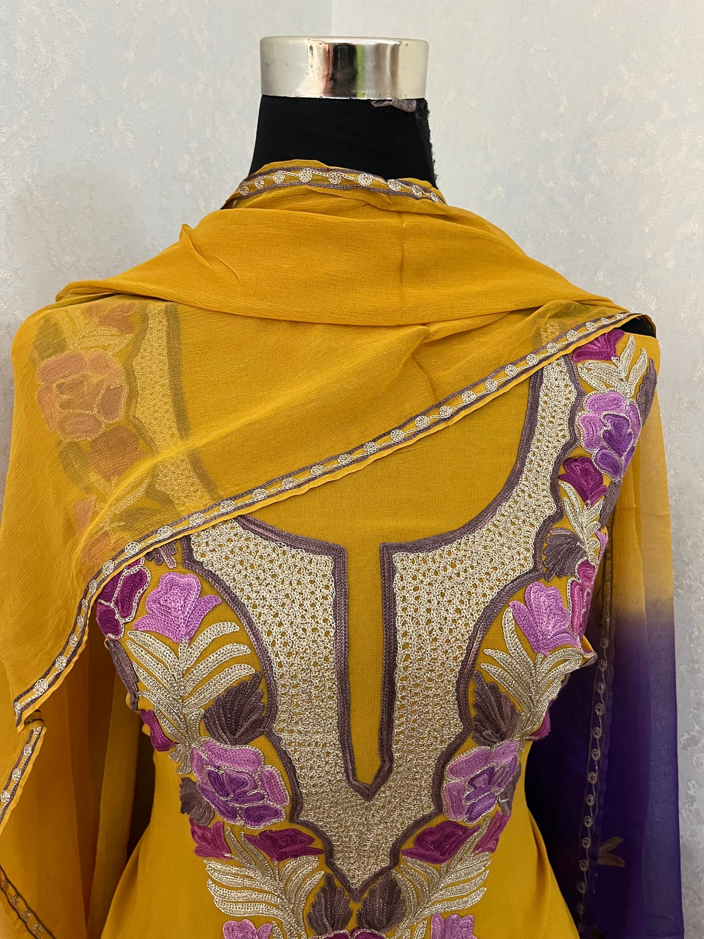 Yellow Pure Georgette Double Shade Kashmiri Suit