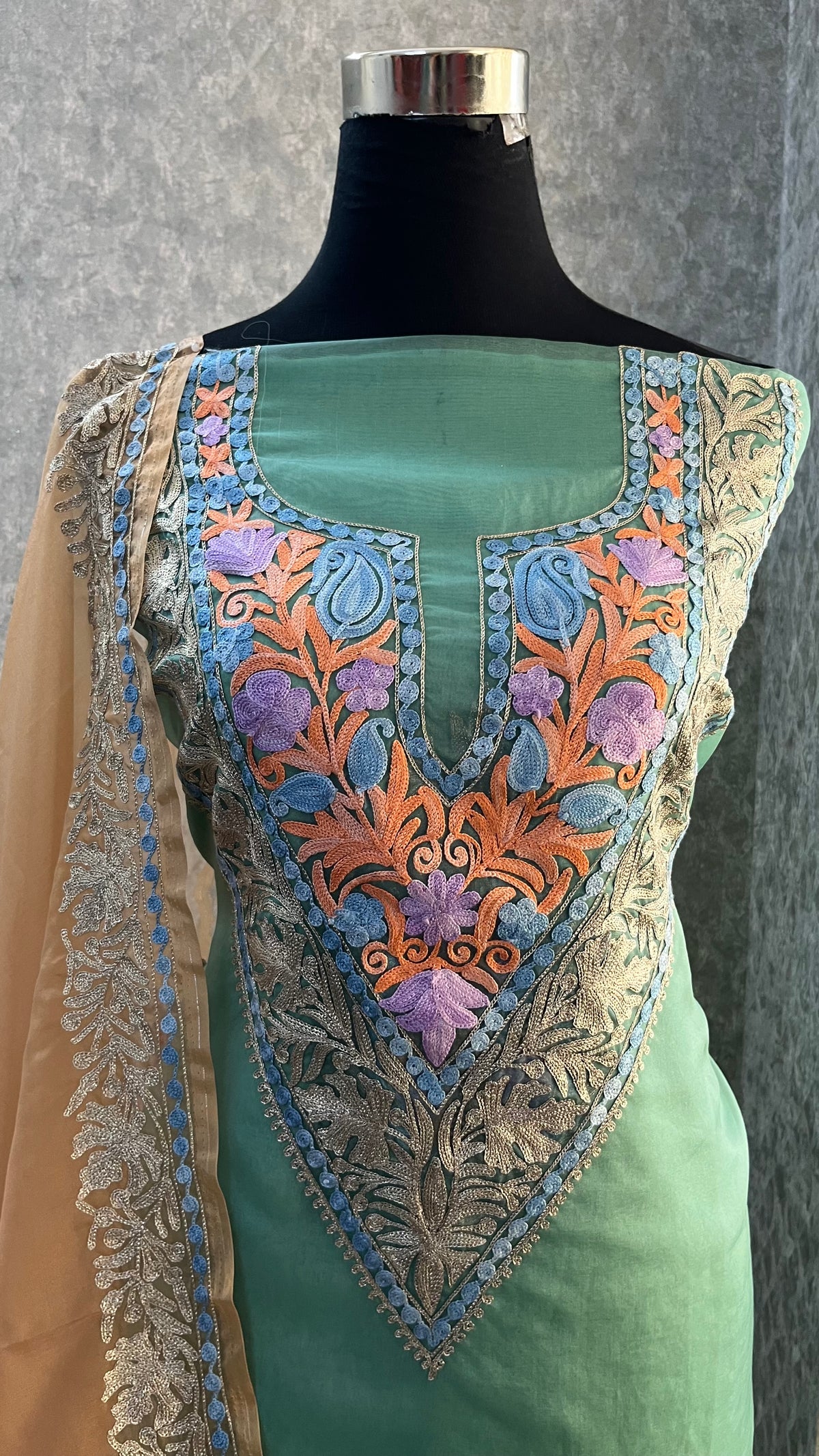 Soft Green Tissue Kashmiri Suit
