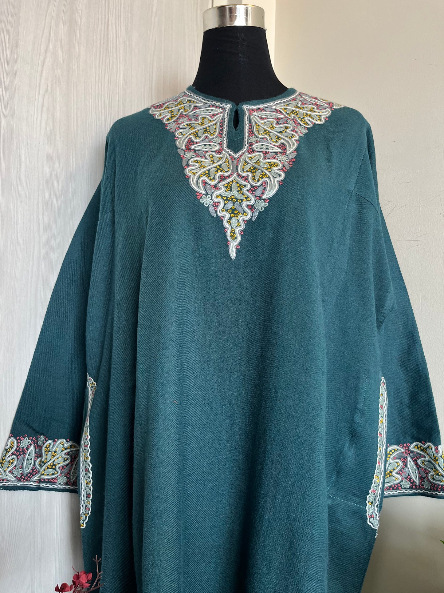 English Blue Aari and Sozni Hand Embroidered Pure Wool Pheran