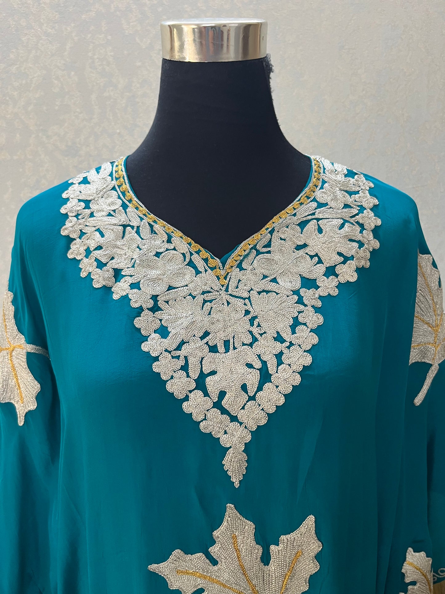 Firozi Crape Kashmiri Kaftan Set
