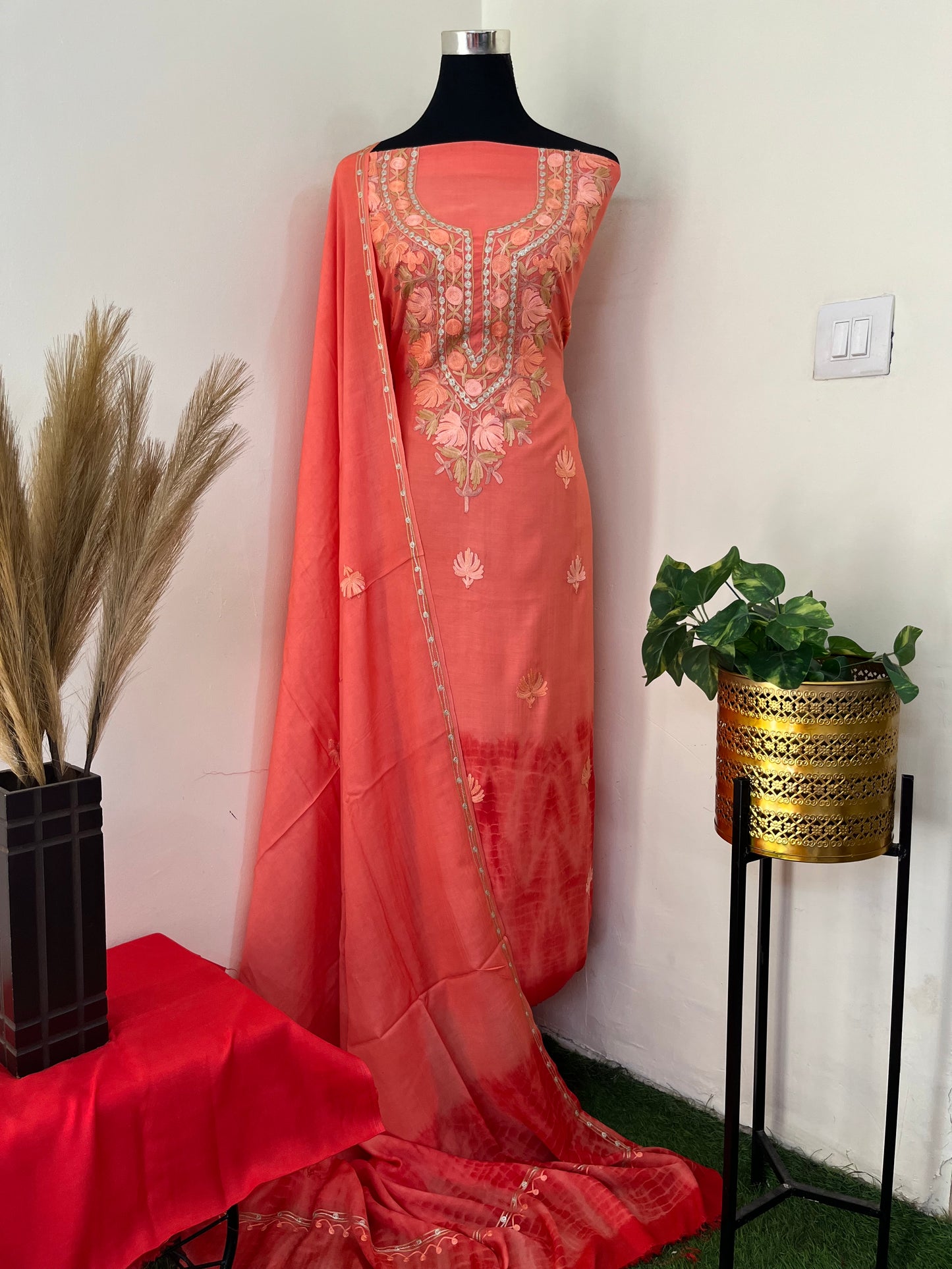 Orange Mul Cotton Shibori Work Kashmiri 3pc Suit