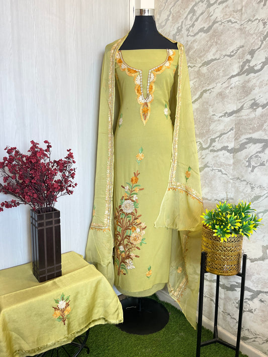 Lemon Green  Pure Georgette Aari Embroidered Suit