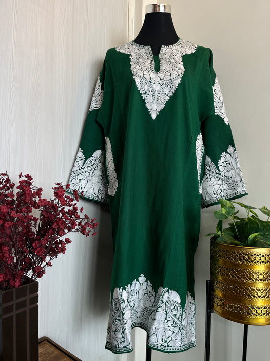 Bottle Green Aari & Zari Fusion Embroidered Wool Pheran