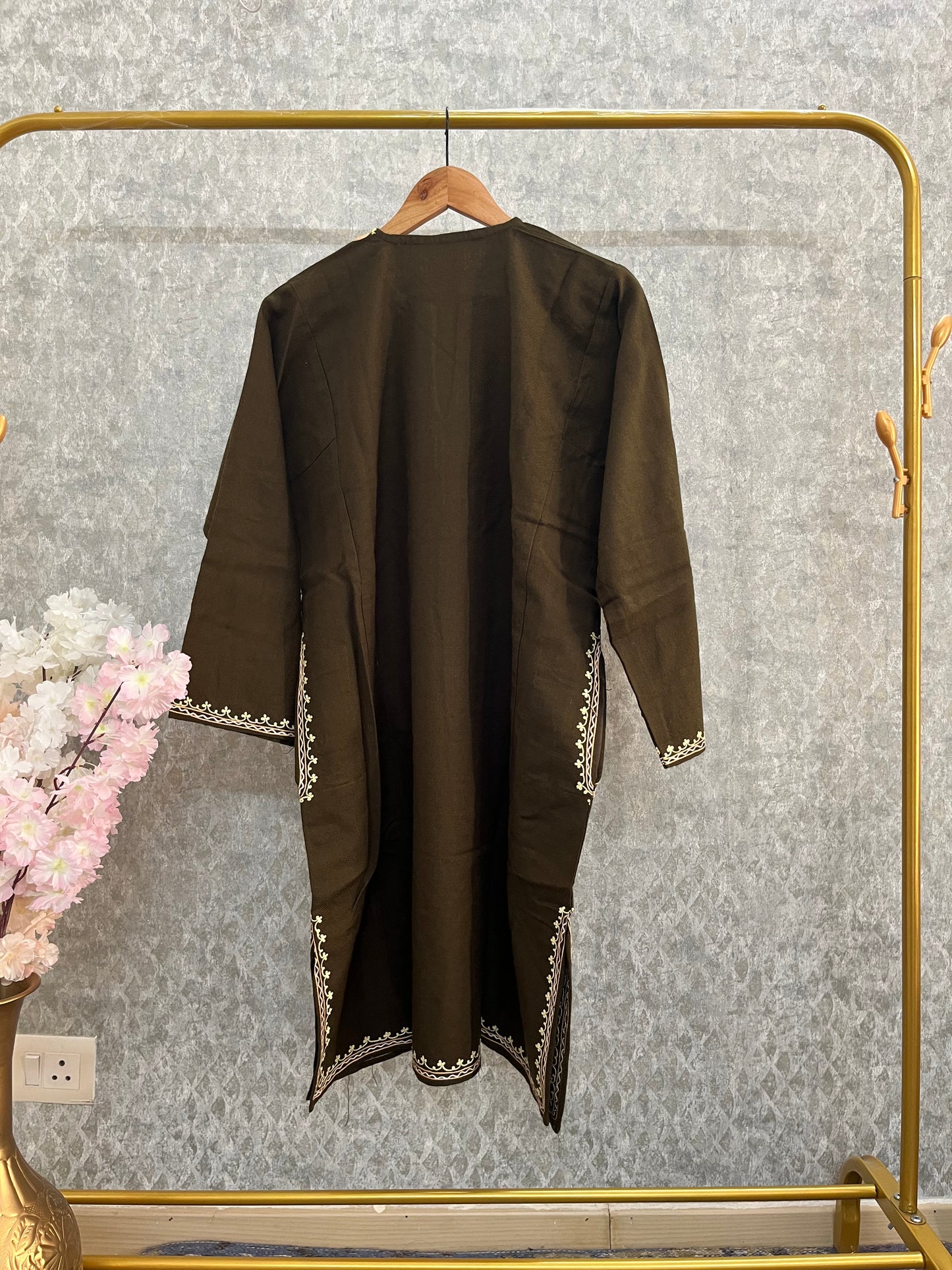 Army Green Aari Embroidered Wool Pheran