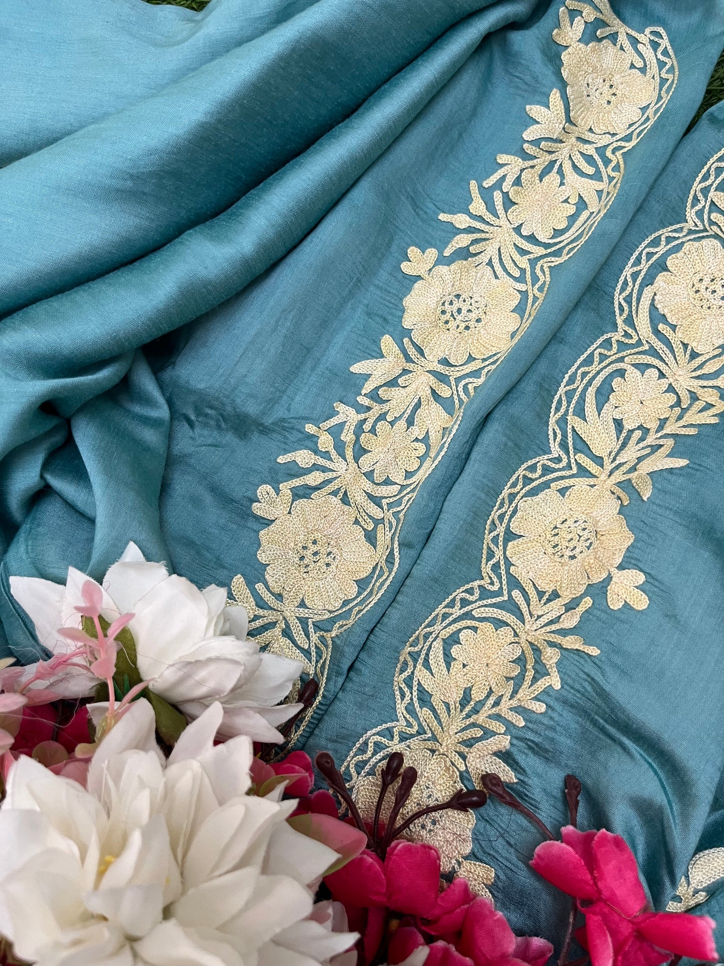 Soft Blue Chanderi Silk Kashmiri Suit