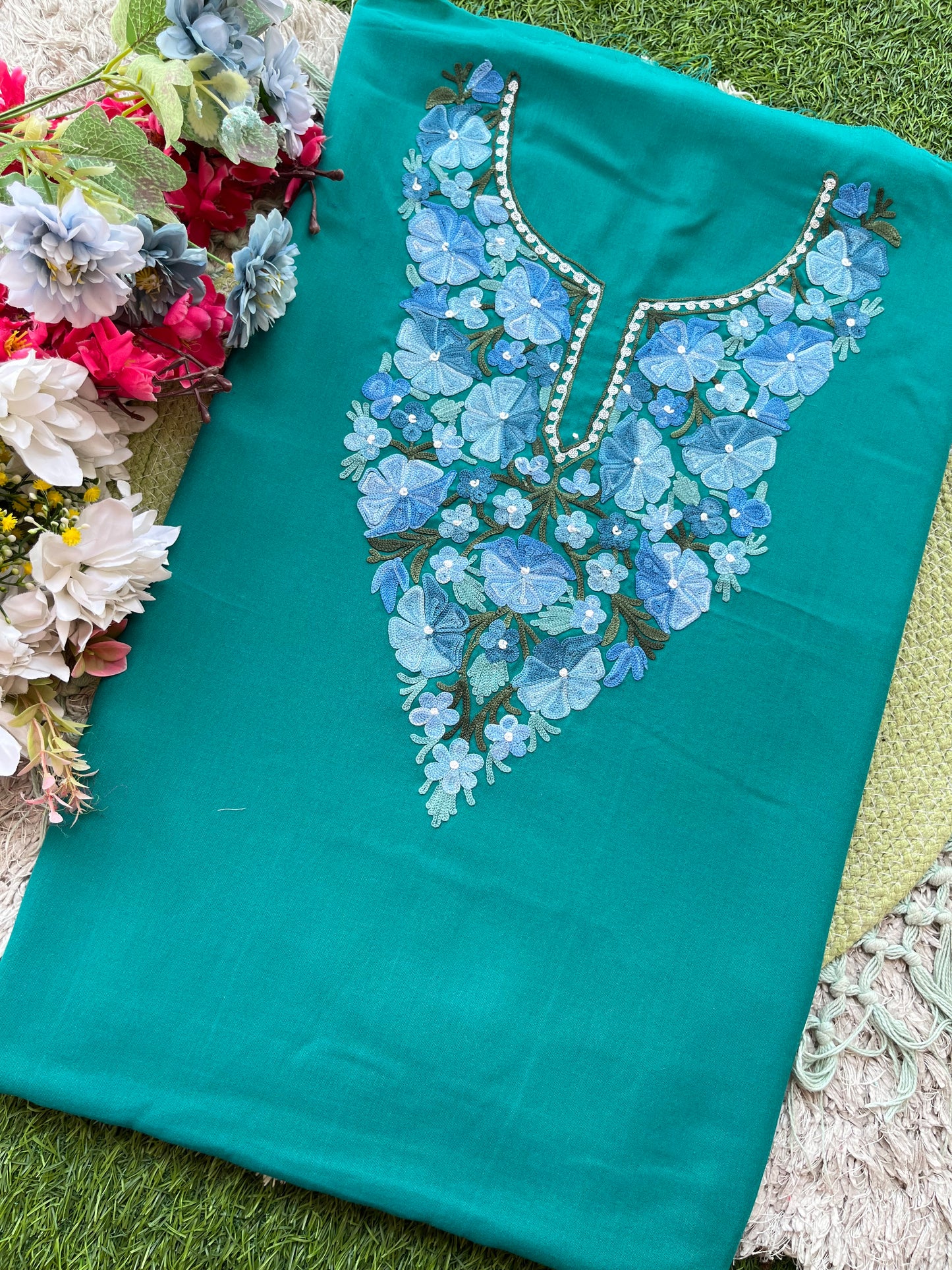 Green Aari Embroidered Cotton Suit Set