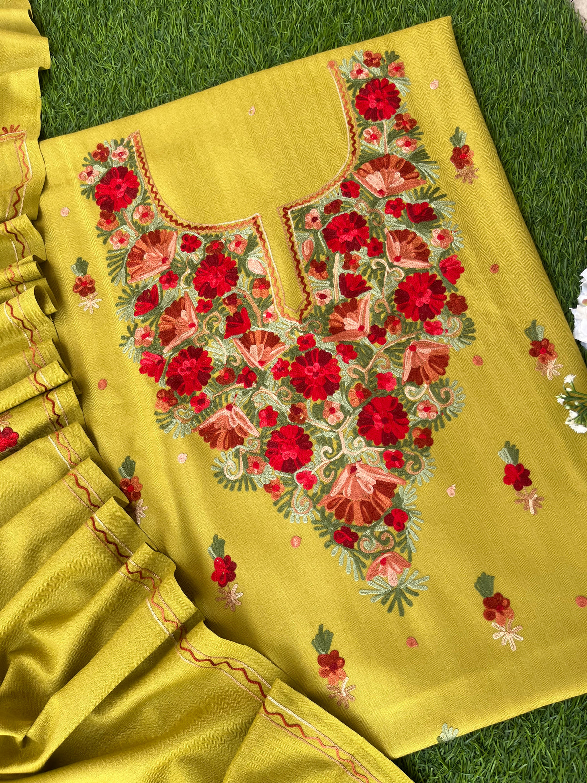 Lime Green Woollen Aari Embroidered 3pc suit