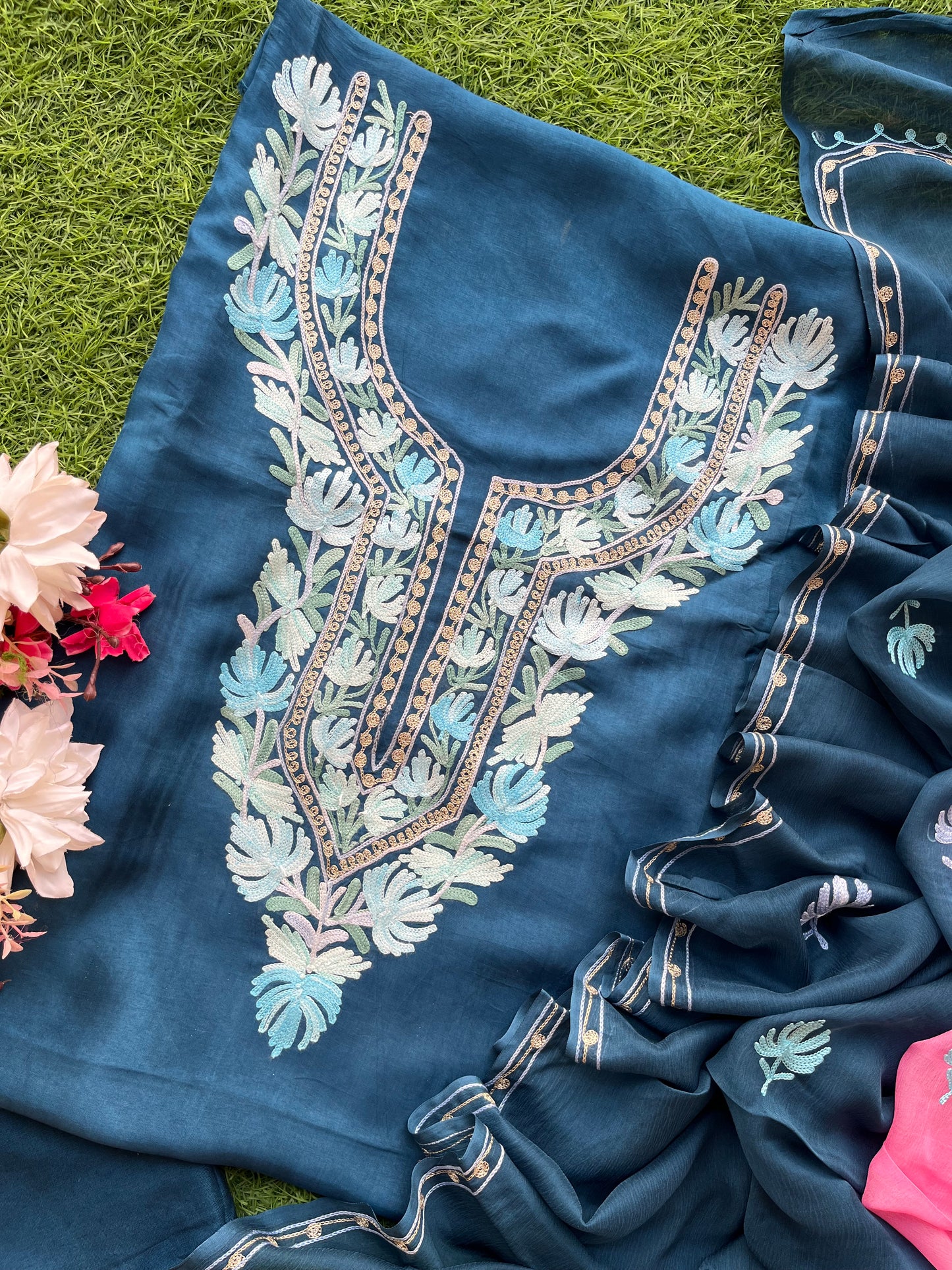 Blue Opada Silk Kashmiri Suit