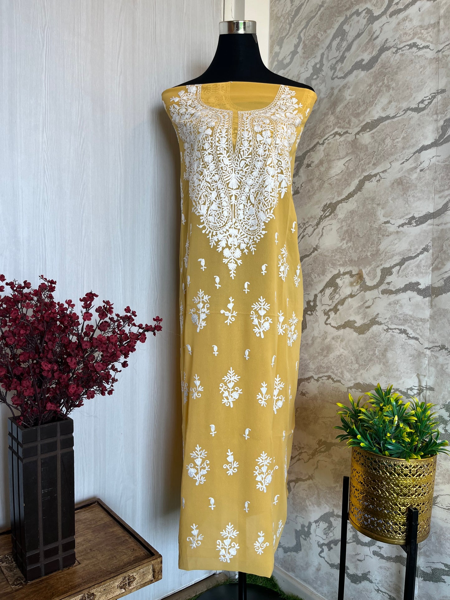 Georgette Yellow All over Work Aari Embroidered Unstitched Kurta Material