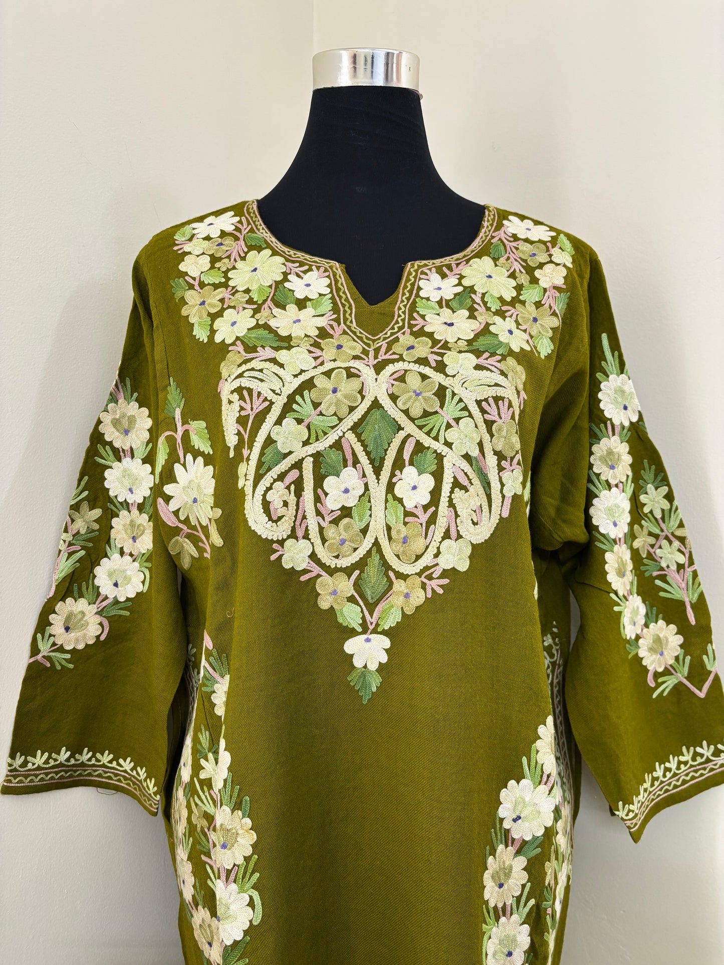 Henna Green Aari Embroidered Wool Pheran