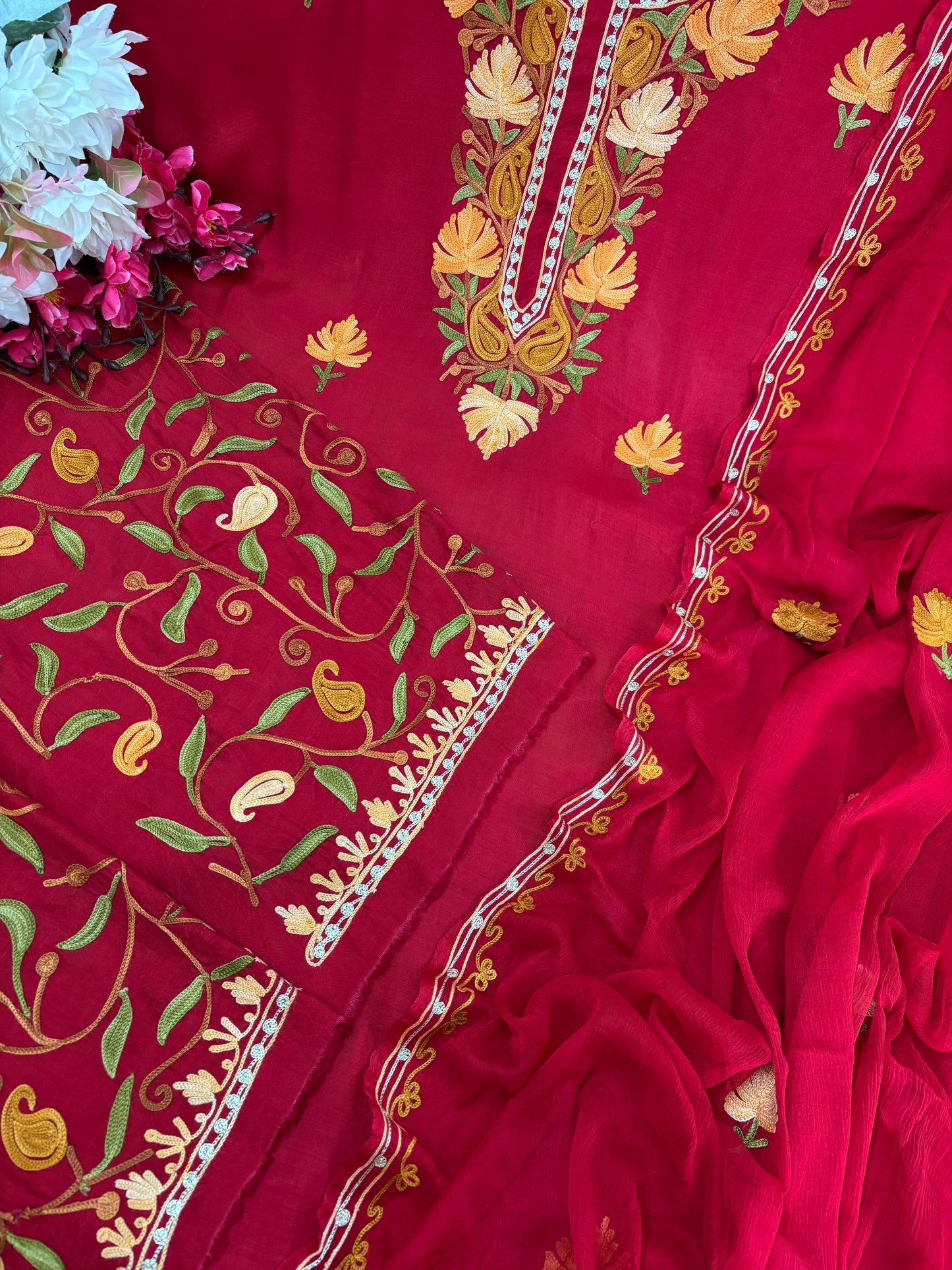 Red Muslin Cotton Jaal Sleeves Kashmiri 3pc Suit
