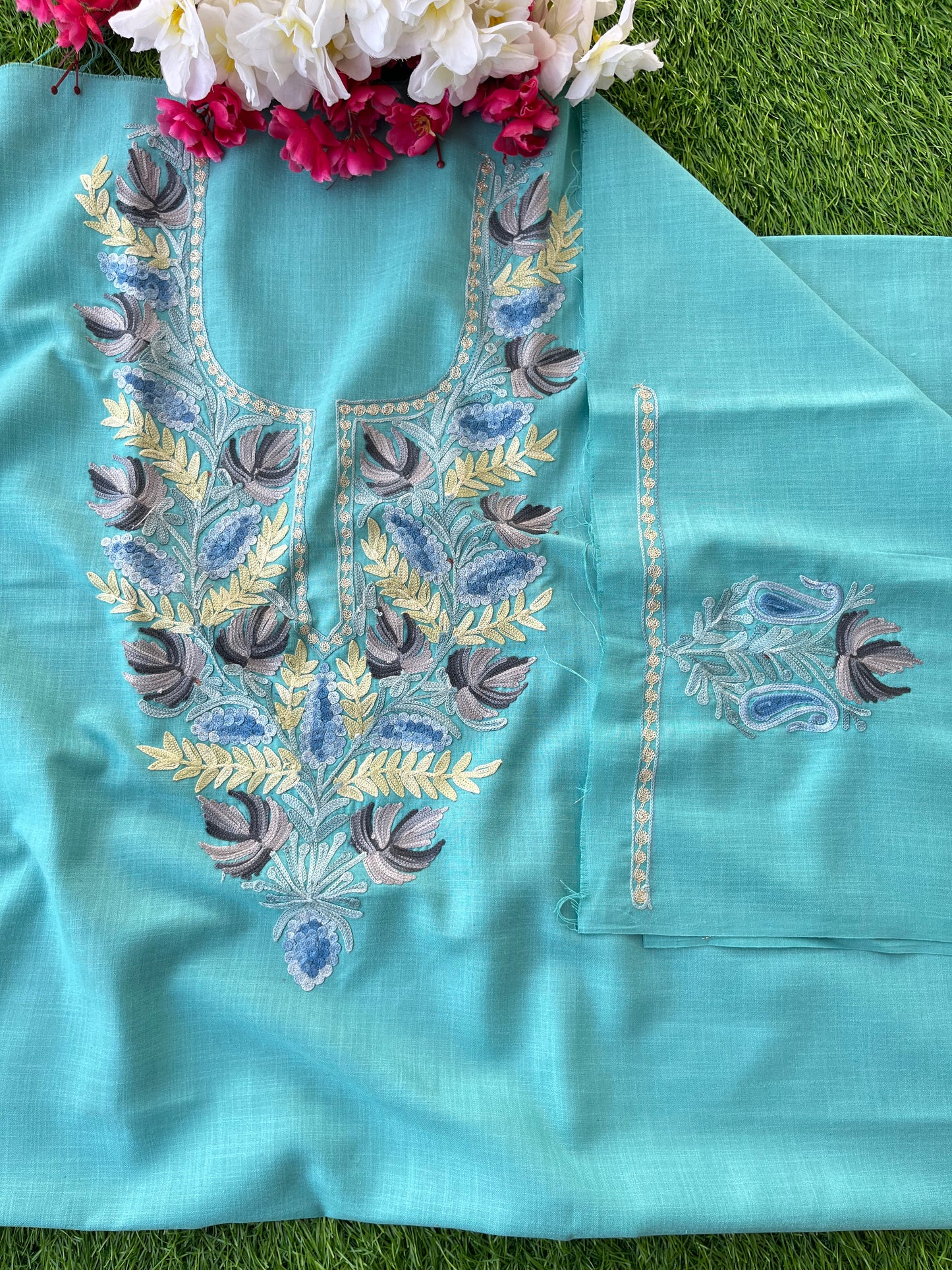 Sky Blue Cotton Unstitched Aari Work Kurti