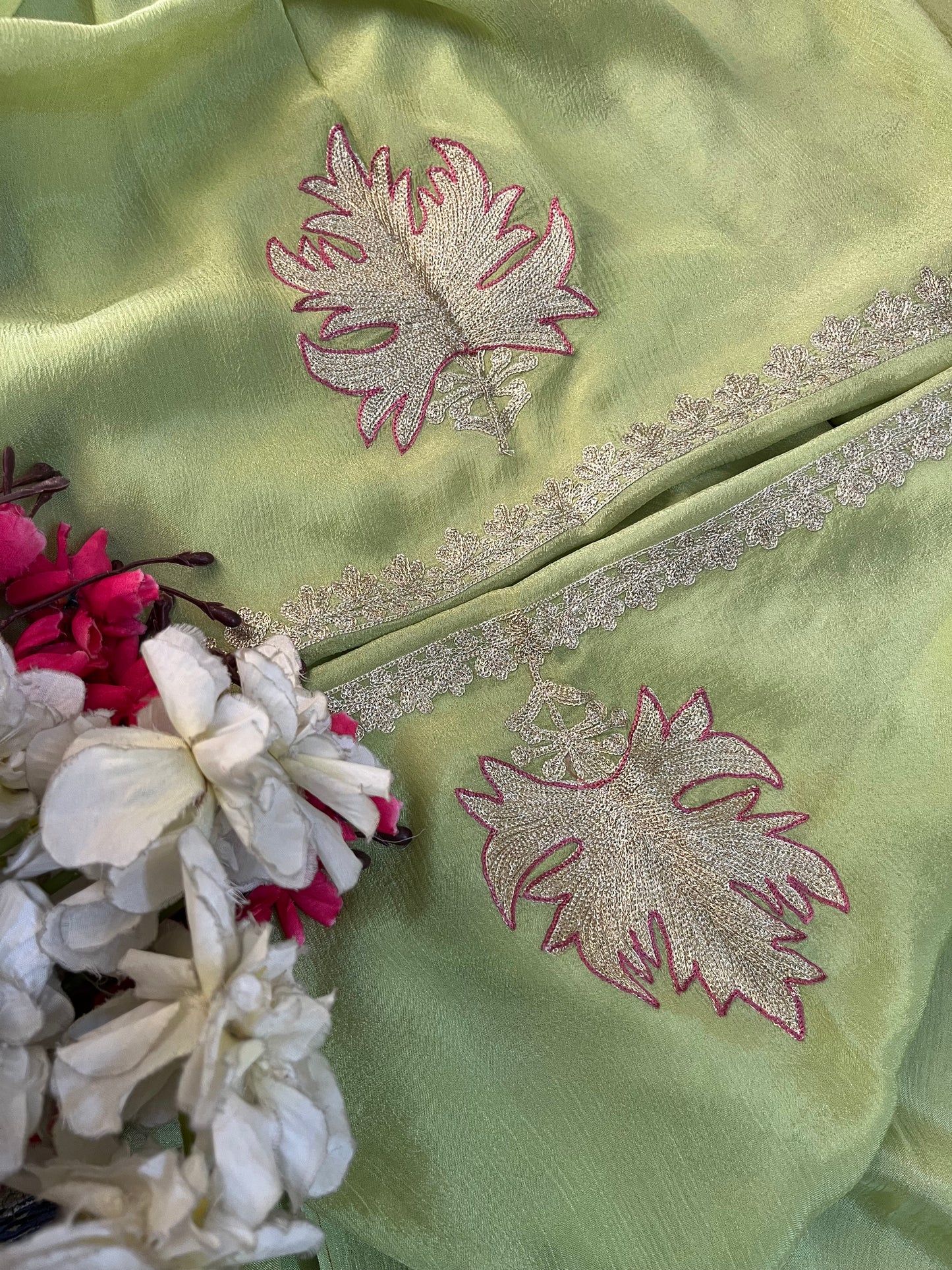 Lime Green Chinon 3 Pc Aari Embroidered Suit