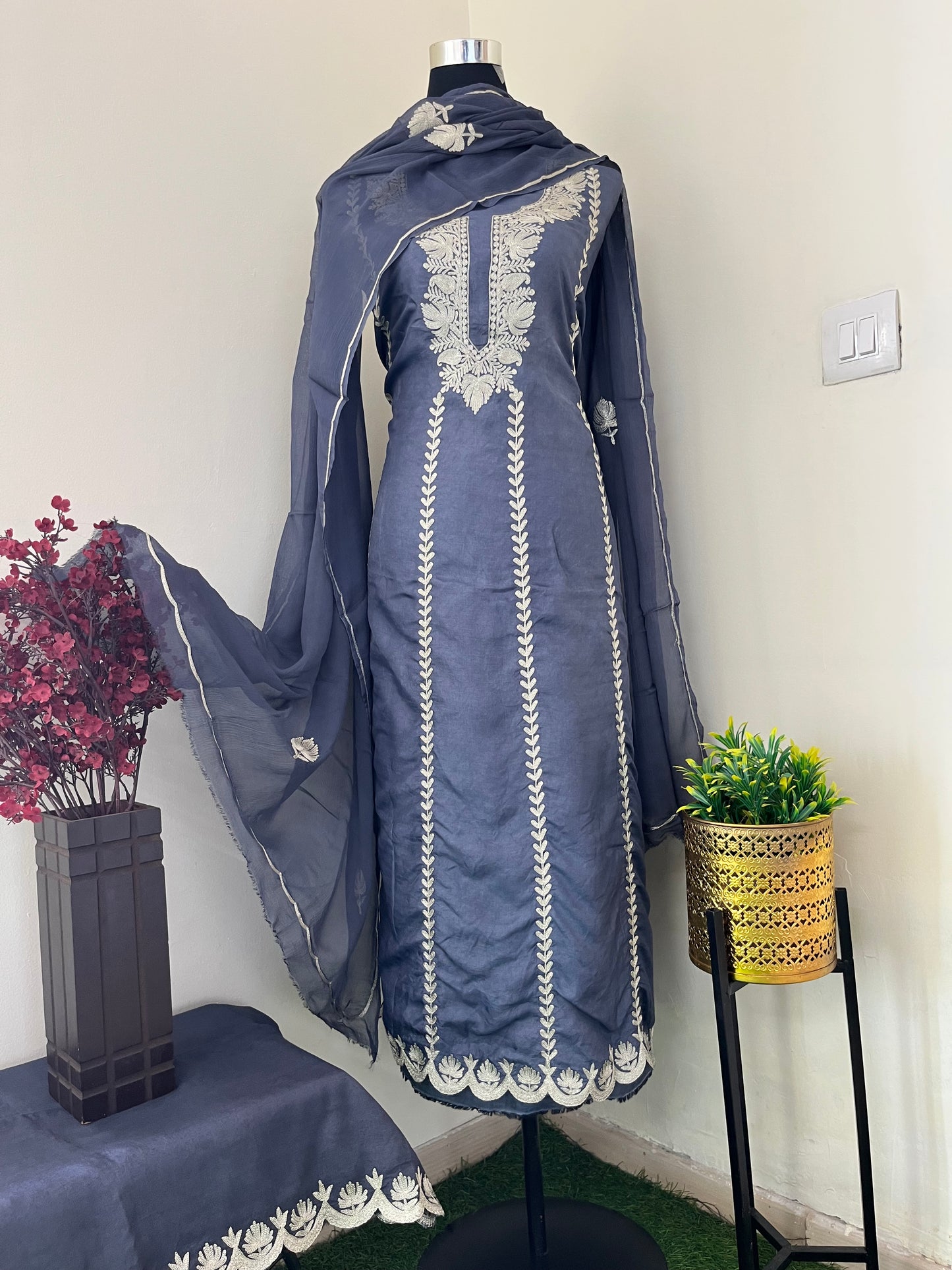 Sanam’ English Blue Silk Tilla Embroidered Suit material