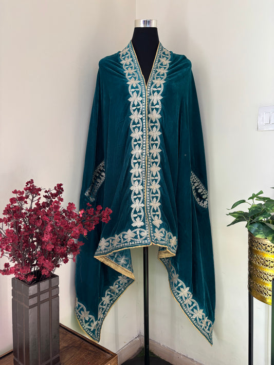 Sea Green Tilla Embroidered Velvet Cape