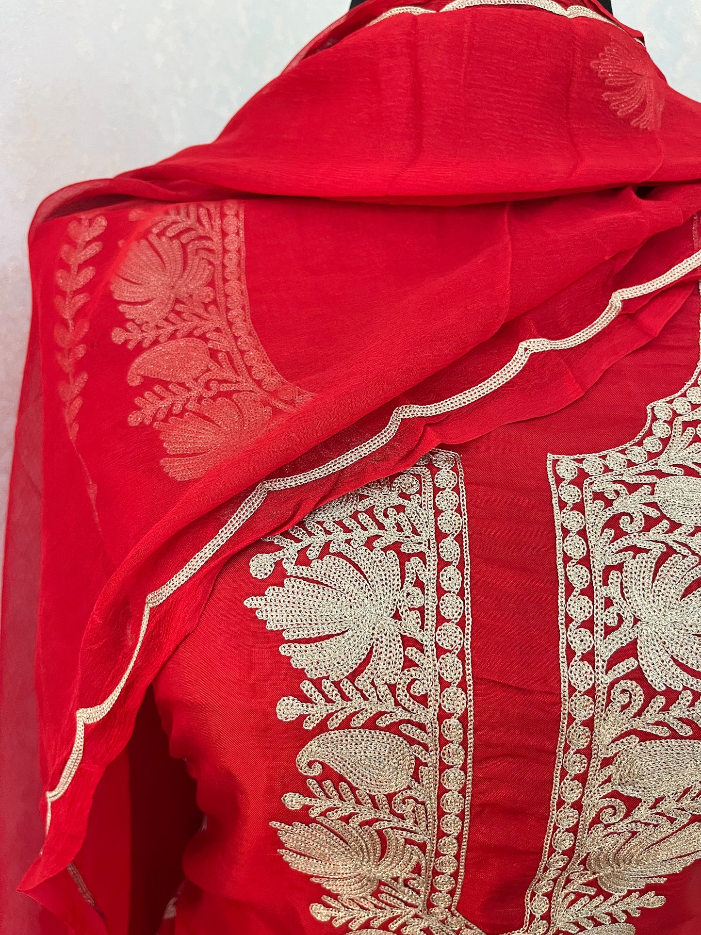 Red Sanam’ Silk Tilla Kashmiri Suit