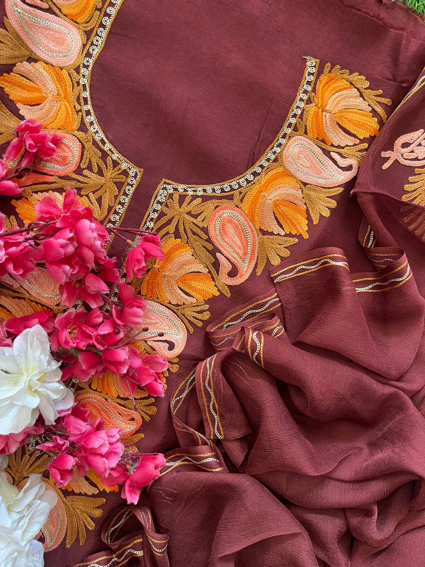 Chocolate Brown Opada Silk Aari Embroidered Suit material