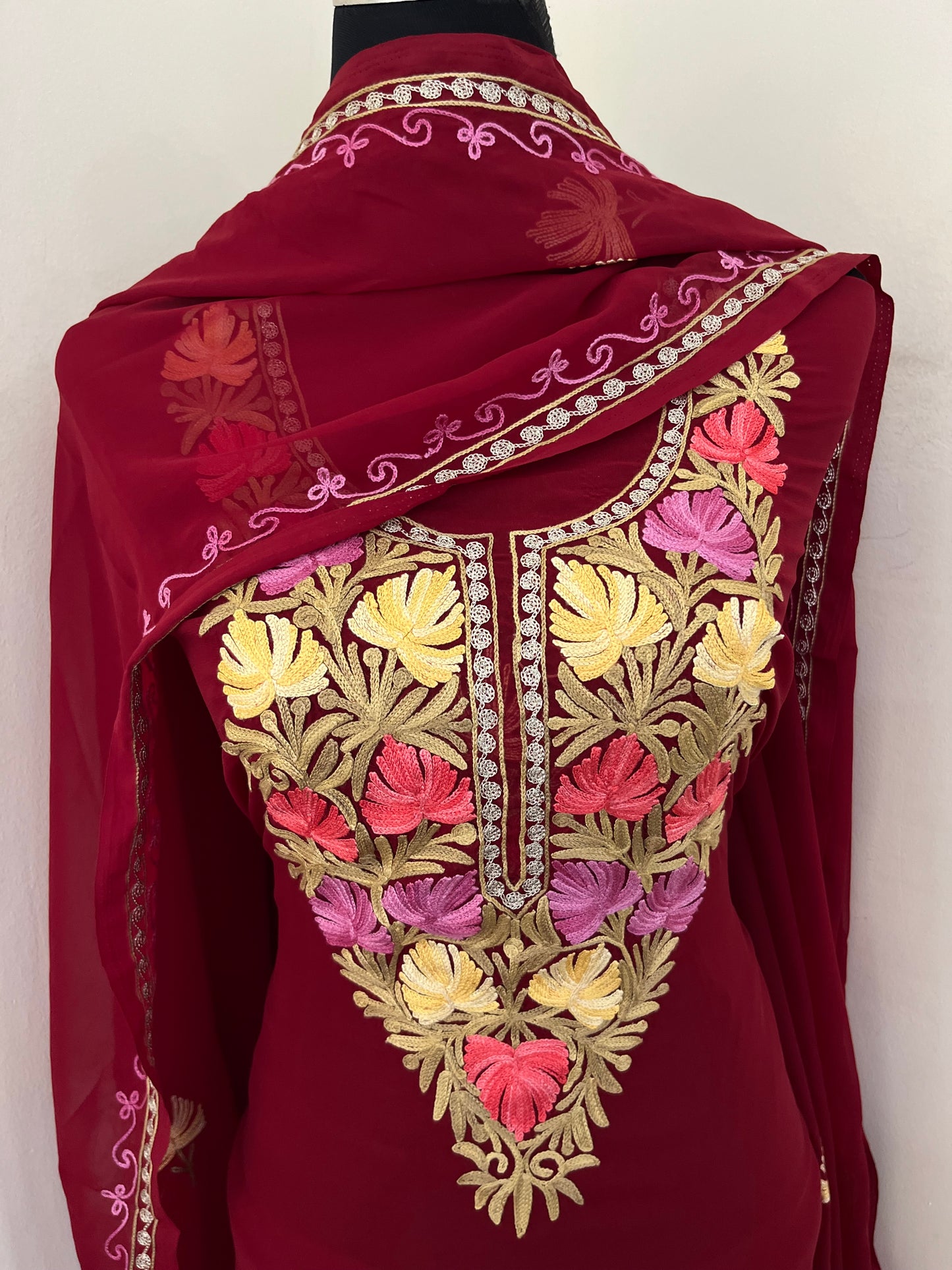 Maroon Georgette 3 Pc Aari Embroidered Suit Set