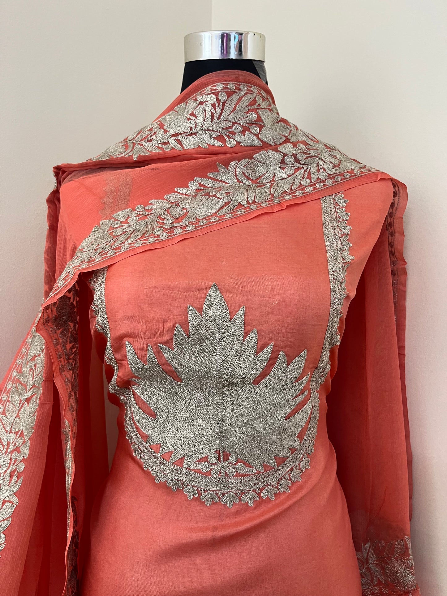 Sanam’ Peach Tilla Embroidered Suit material