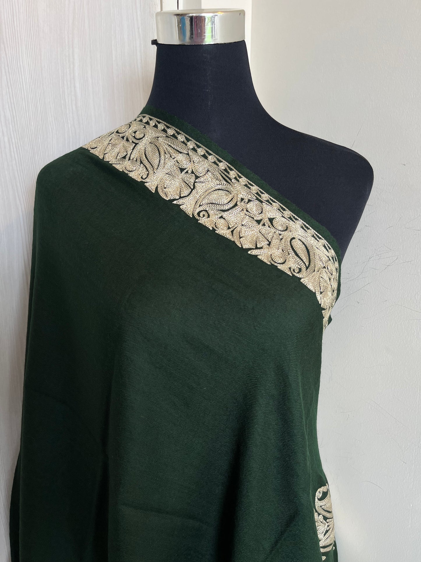 Bottle Green Fine Semi Pashmina Tilla Embroidered stole