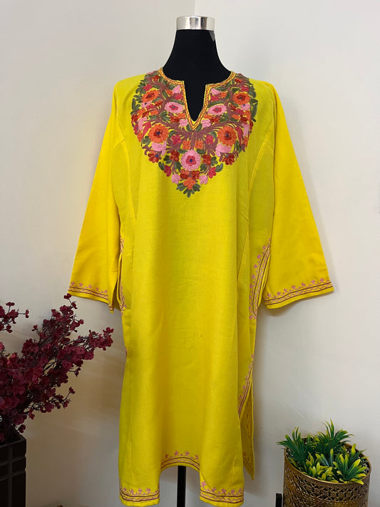 Yellow Aari Embroidered Wool Pheran