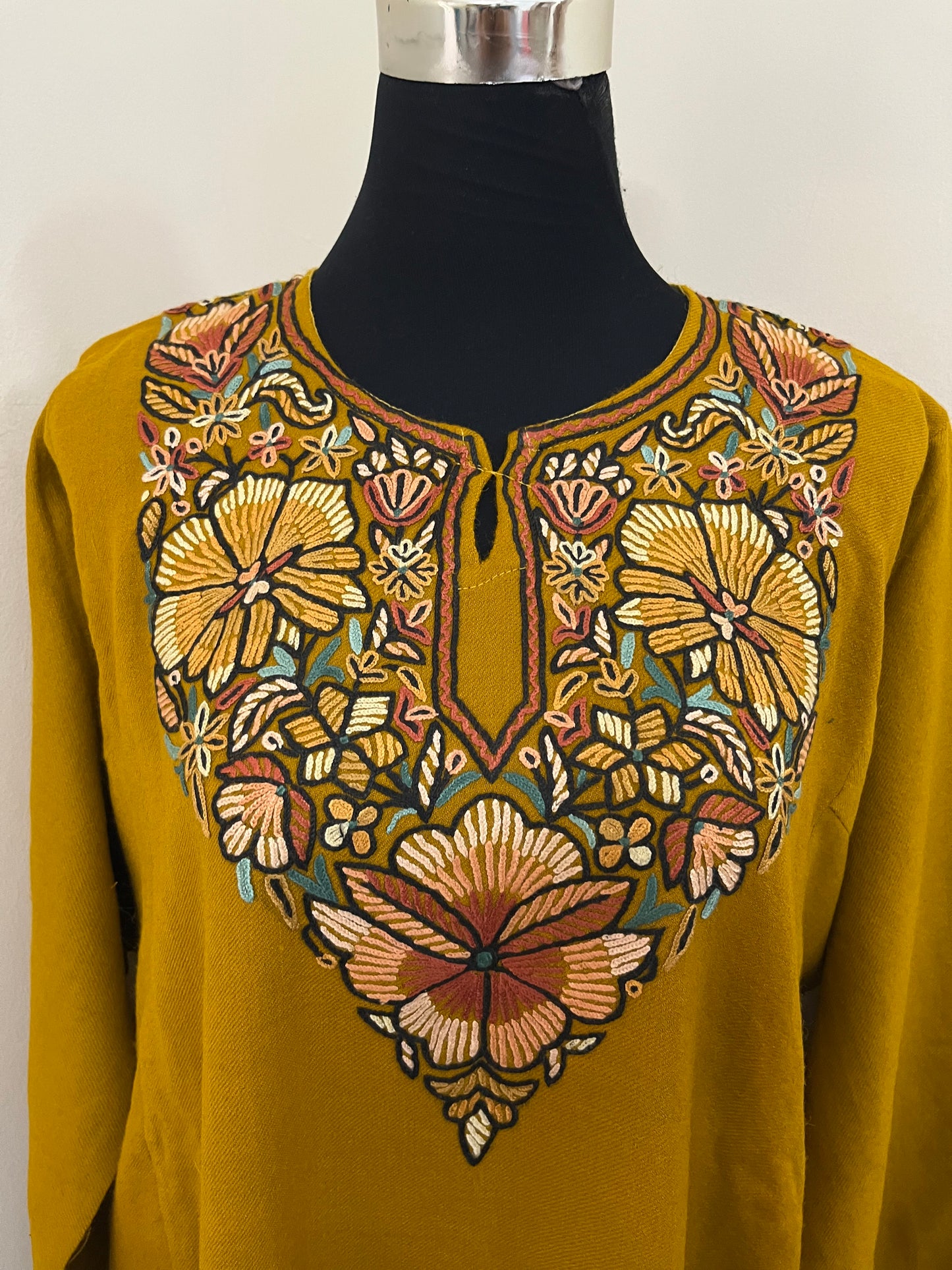 Mustard Yellow Aari Hand Embroidered Pure Wool Pheran