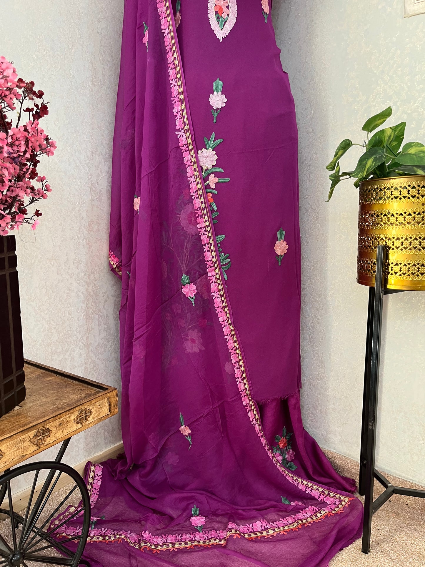 Wine Pure Georgette Aari Embroidered Suit