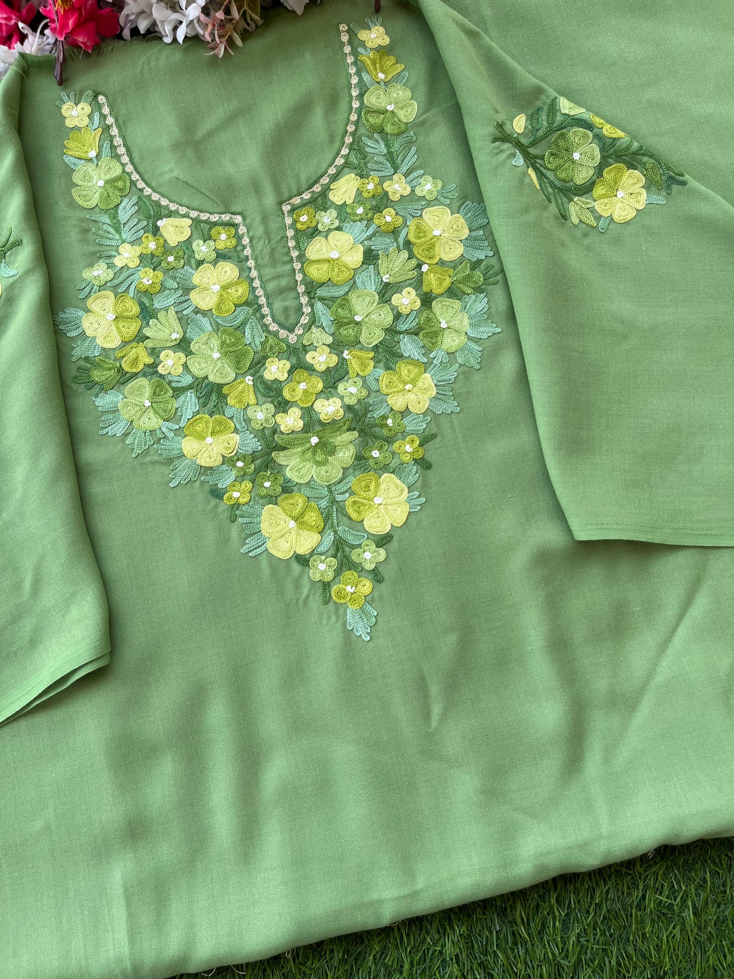 Pastel Green Aari Embroidered Cotton Suit Set