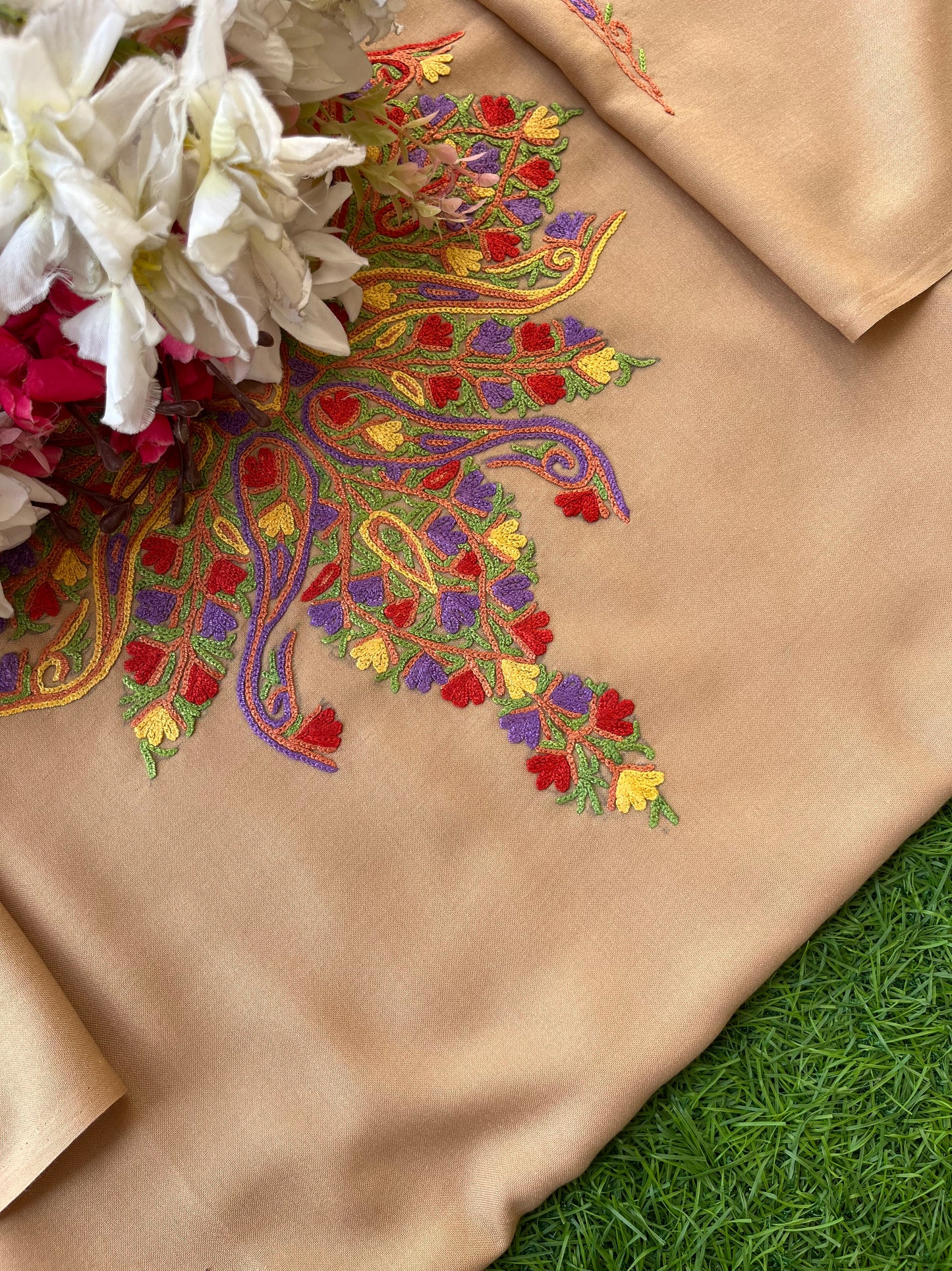 Beige Cotton Two Piece Suit (Hand Embroidered)