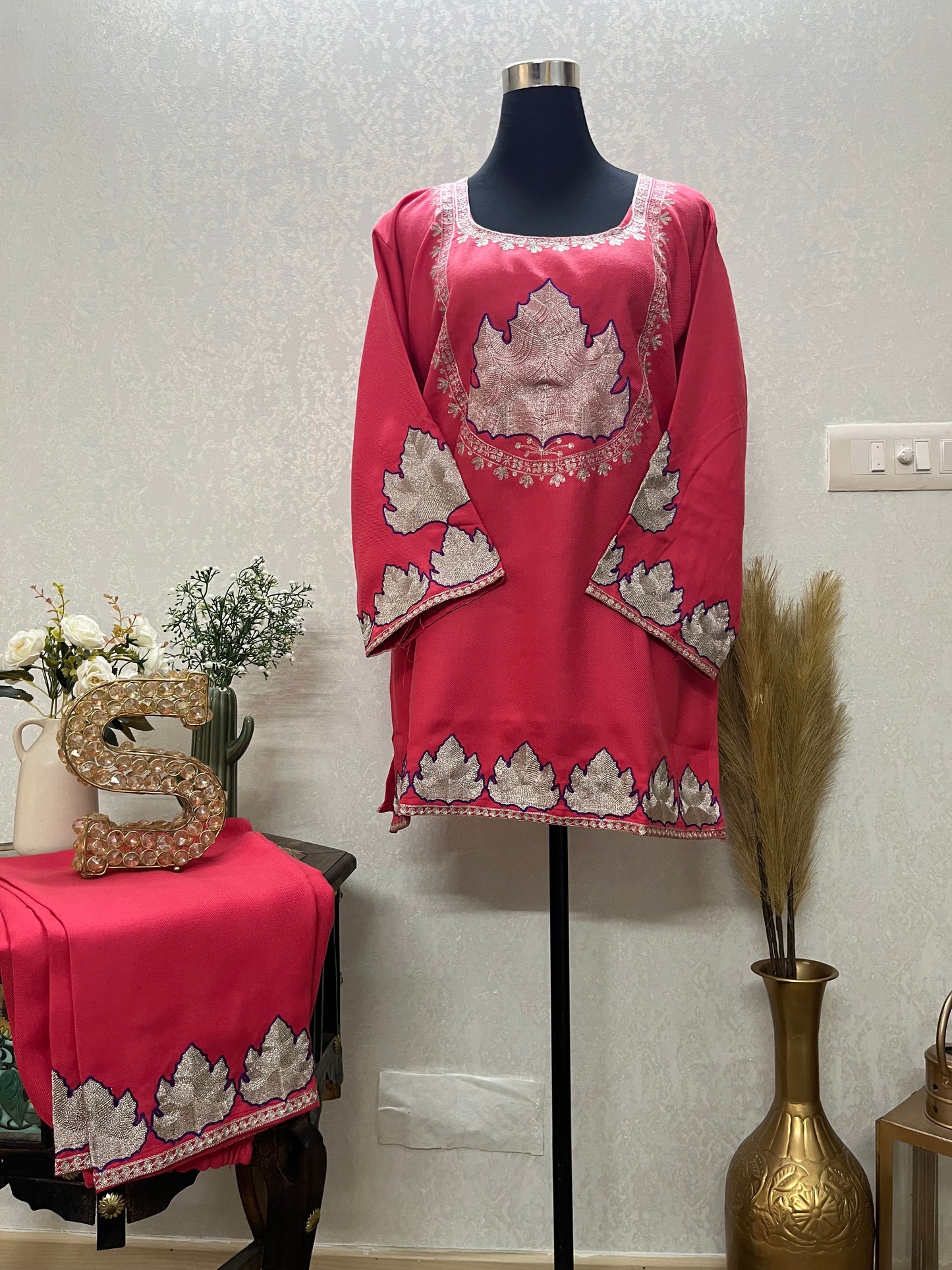 Carrot Pink Woollen Kashmiri Co-Ord Set ( Size 44)