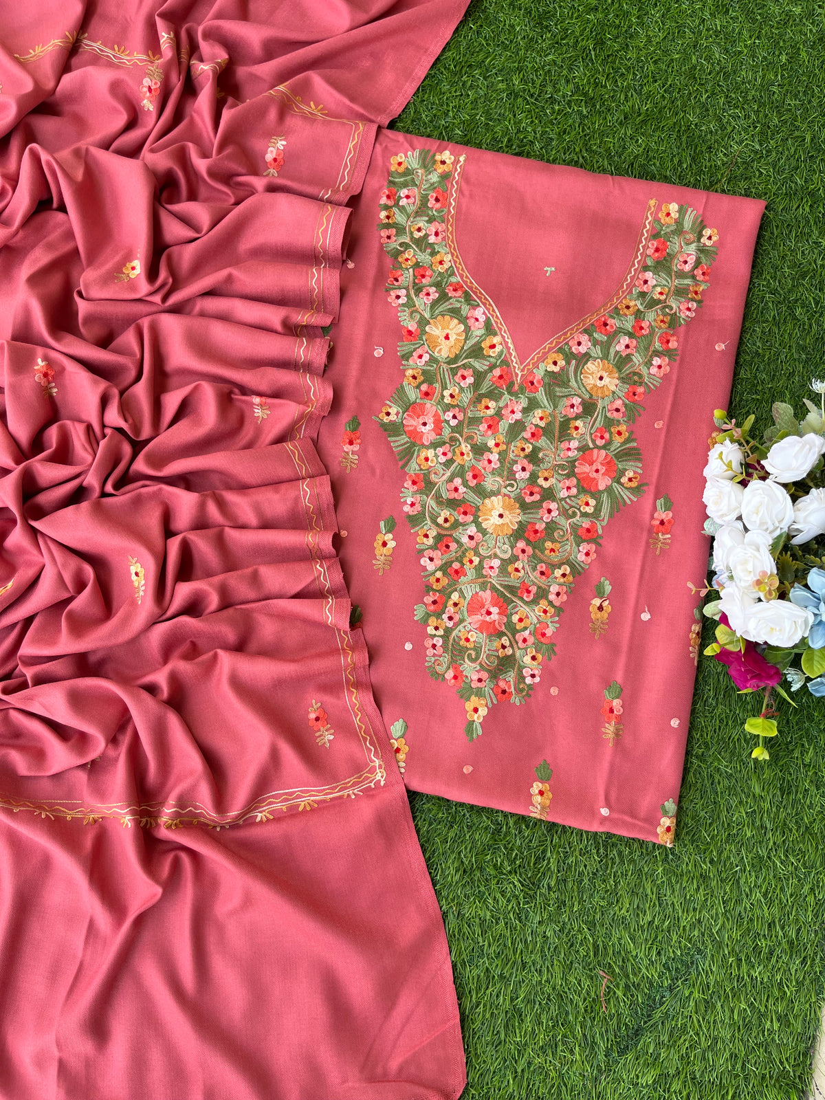 Pink Woollen Aari Embroidered 3pc suit