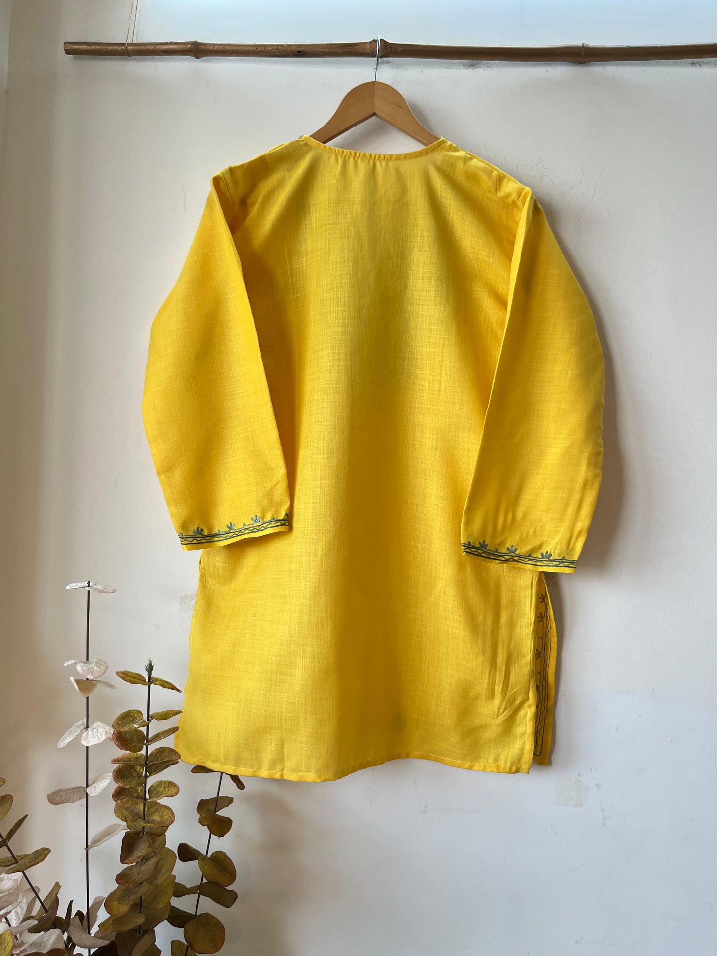 Yellow Cotton Aari Work Kurta