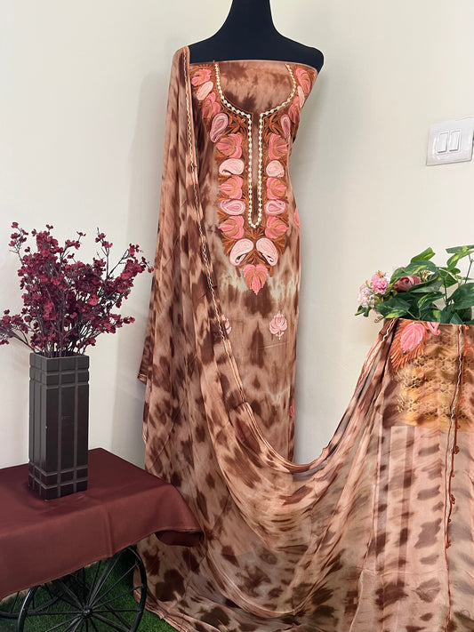 Tea Brown Pure Georgette Ty Dy Kashmiri Suit