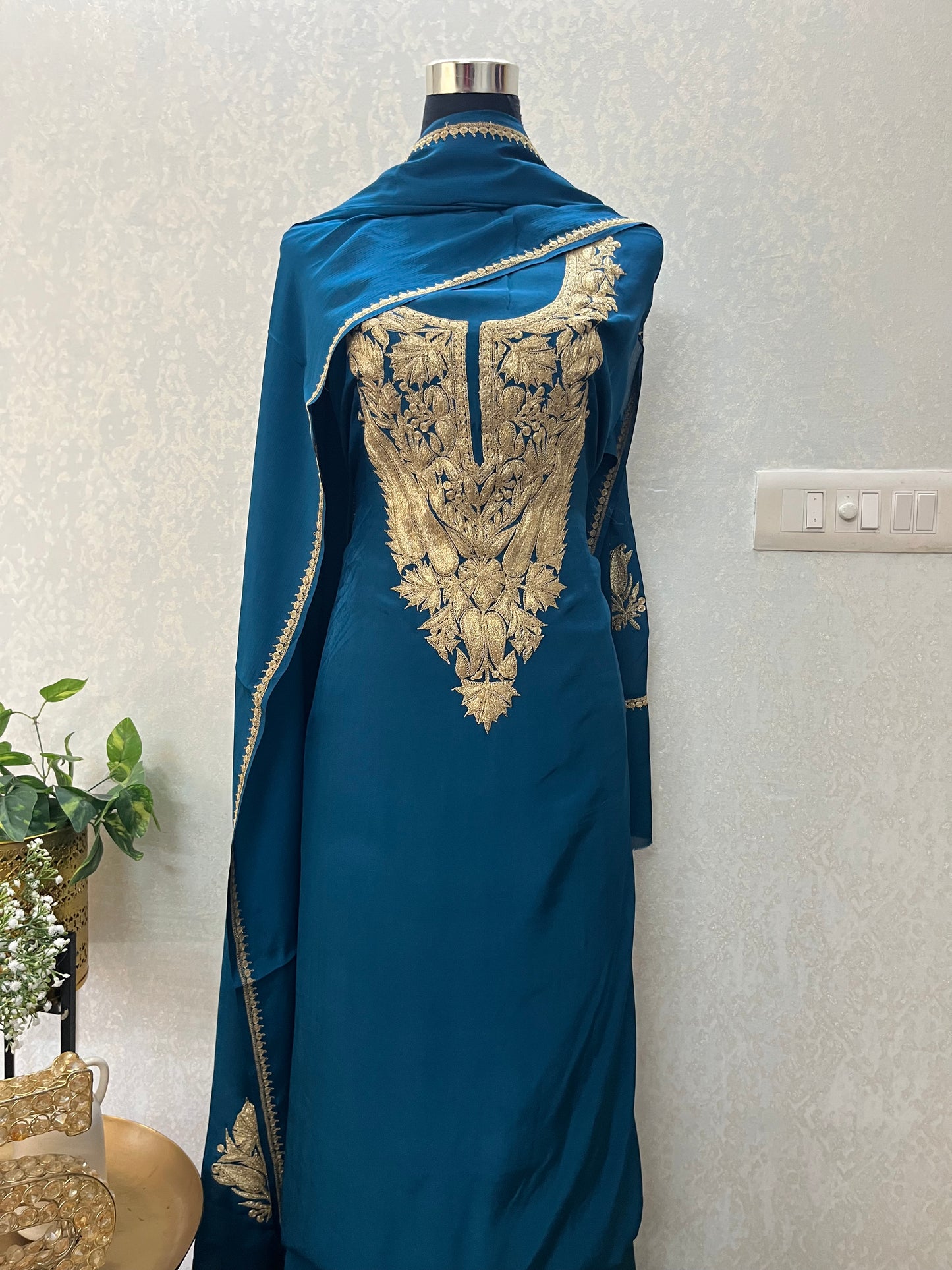 Peacock Blue Crape Kashmiri Suit