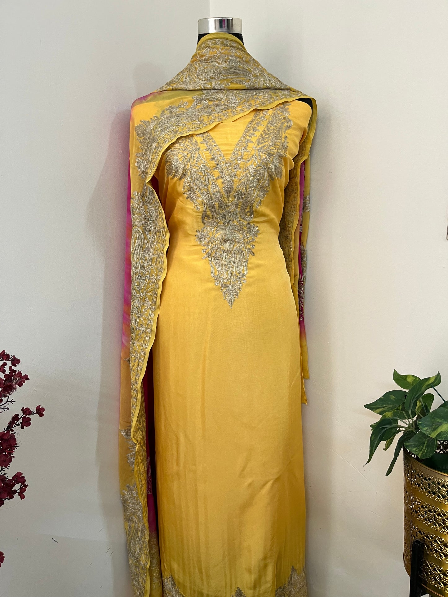 Gold Sanam Silk Kashmiri Suit