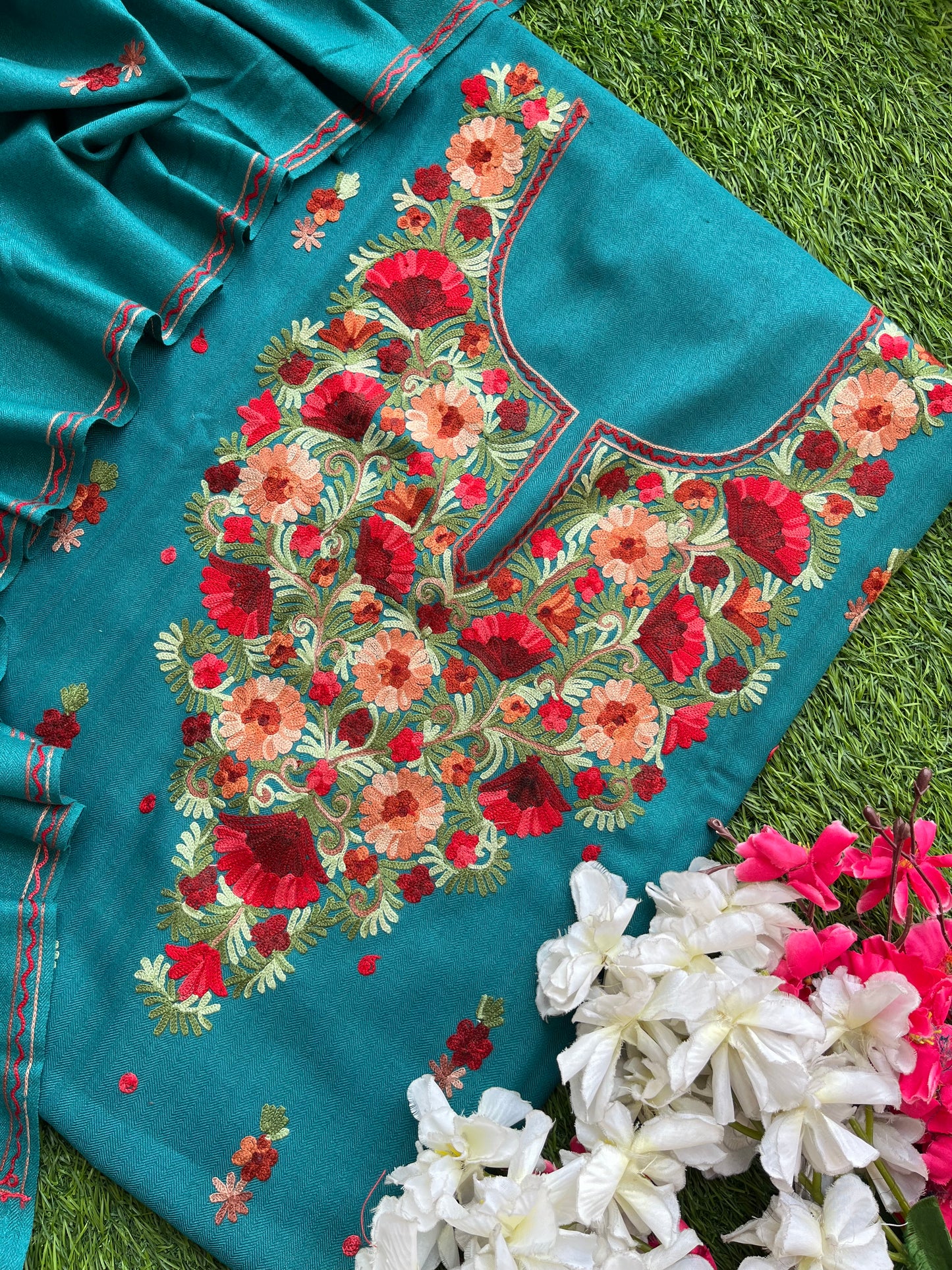 Peacock Blue Woollen Aari Embroidered 3pc suit